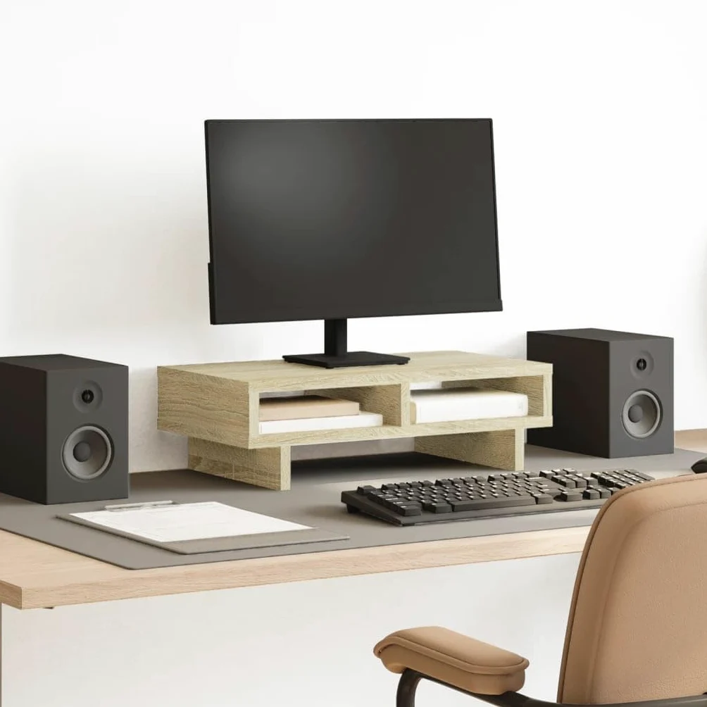 Supporto per monitor in rovere Sonoma, 50 x 27 x 15 cm, con 2 scomparti, portata fino a 25 kg, per scrivania, ufficio, casa, gaming, postazione di lavoro, ergonomia