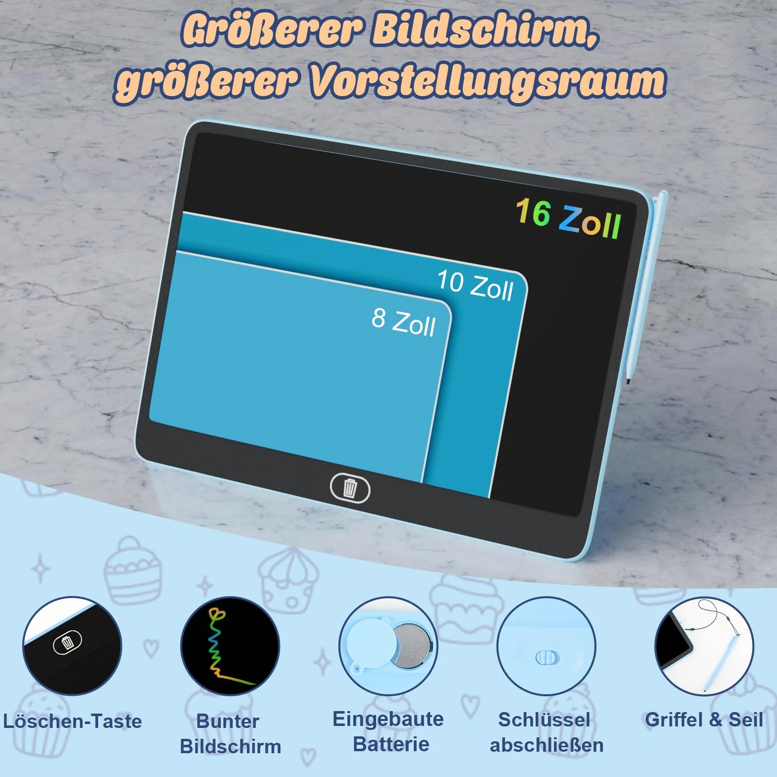 Lavagna da disegno LCD colorata 16 pollici blocco cancellazione giocattolo regalo bambini adulti blu