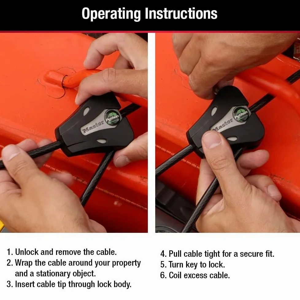 Master Lock, Lucchetto per bici con cavo nero e chiave, cavo regolabile in metallo con rivestimento in vinile, resistente alle intemperie, per attrezzature da esterno, biciclette, telecamere trail,