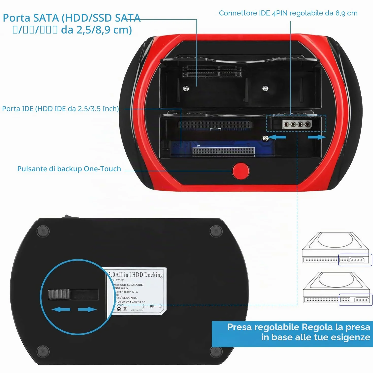 Docking Station USB 3.0 per Disco Rigido, TCC-S868-DE, IDE SATA, 2.5 3.5 Pollici, HDD SSD Esterno