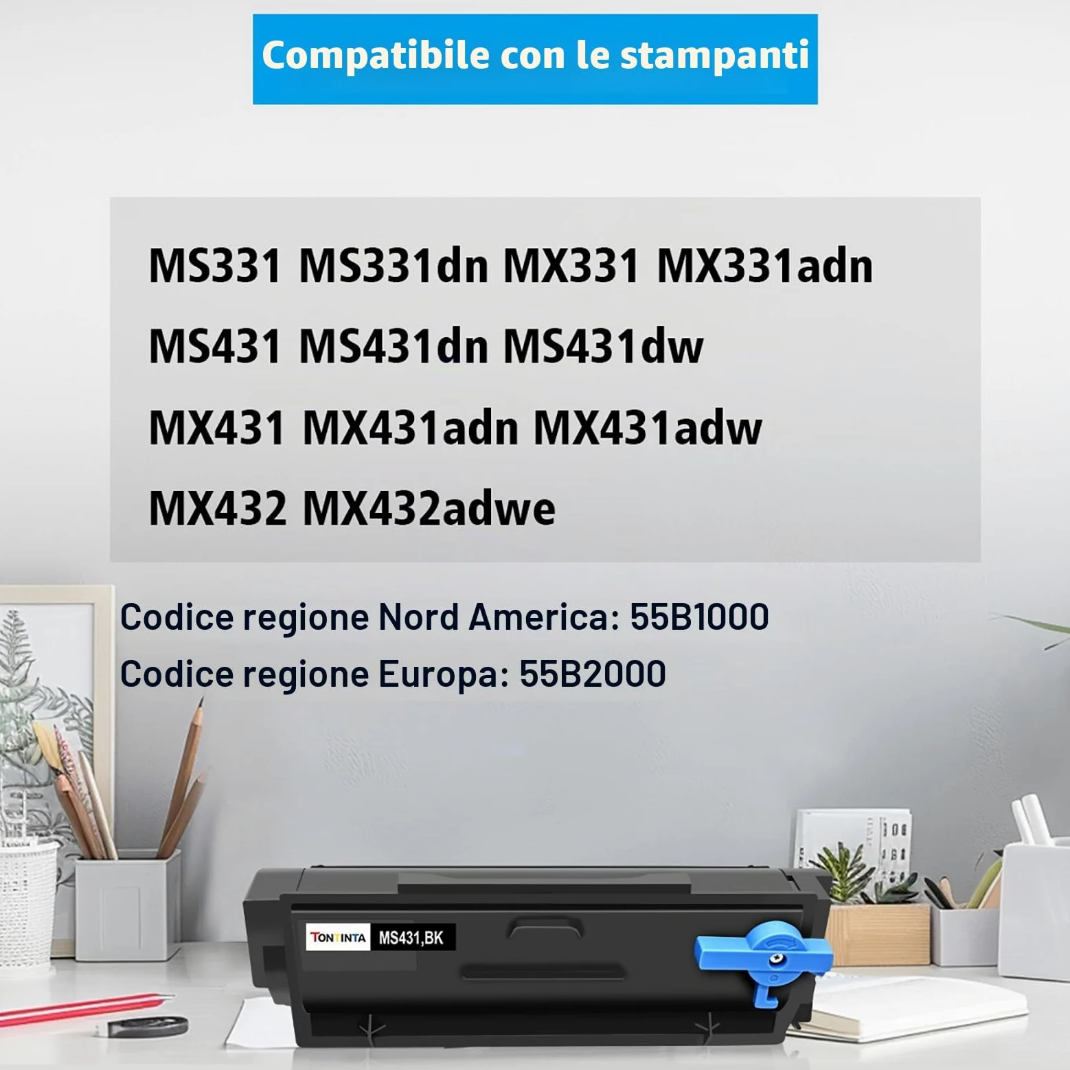 55B2000 Cartuccia Toner Rigenerata MS331 MX331 MS431 MX431 MX432 Capacità Standard 3000 Pagine Nero per LEXMARK MS331dn MX331adn MS431dn MS431dw MX431adn MX431adw MX432adwe Stampante
