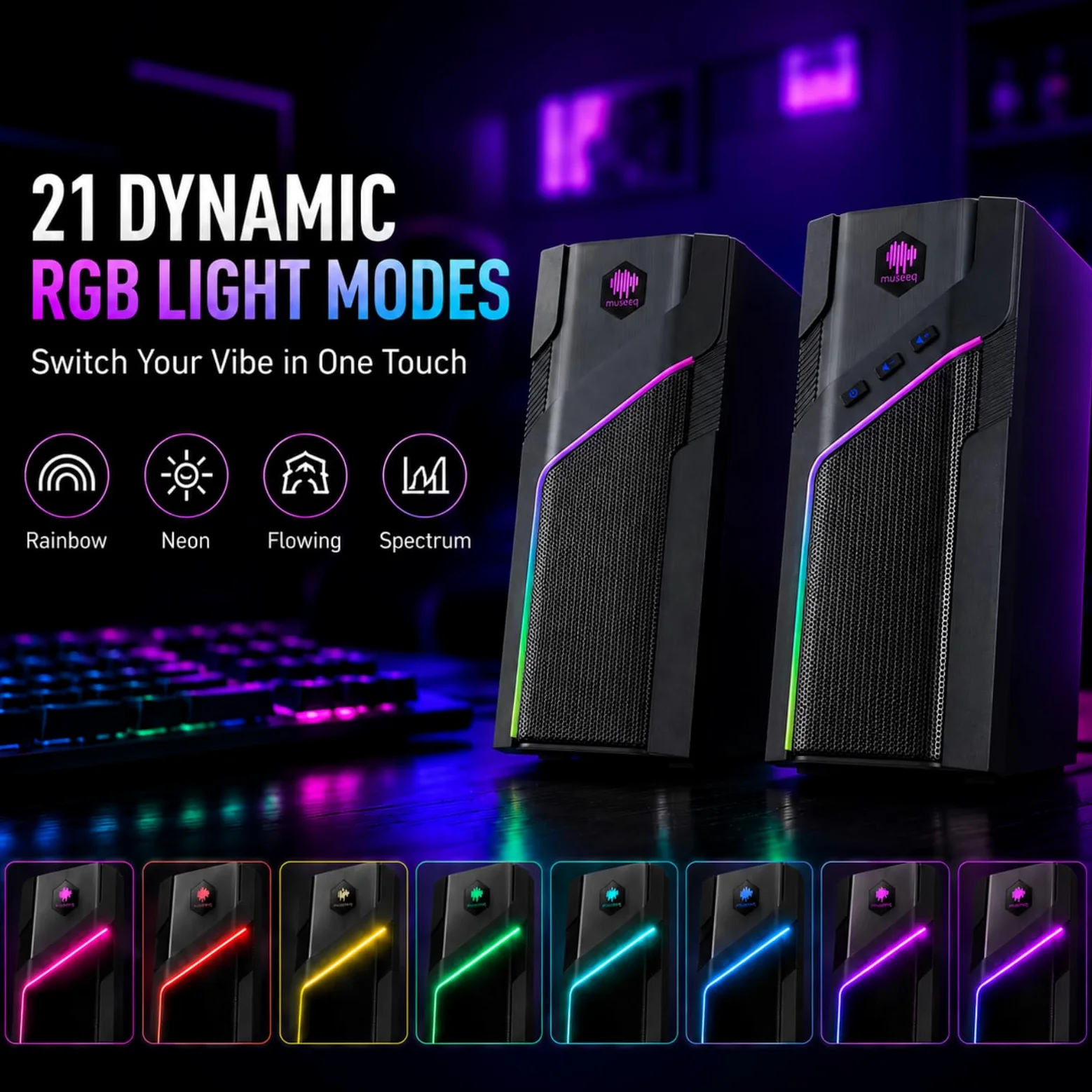 W-206RE Altoparlanti per PC desktop, luci RGB Bluetooth | 21 modalità RGB, suono stereo chiaro, Bluetooth, alimentazione USB, AUX da 3,5 mm e controllo touch per monitor