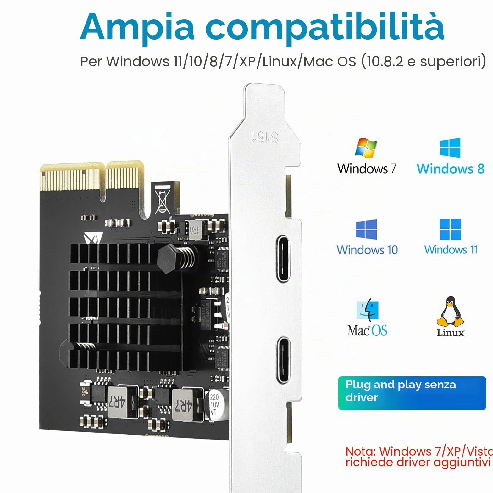 ELUTENG USB C PCIe Card 2 port 2 x 10Gpbs, PCI Express PCIe X4 USB C 3.2 Gen2 scheda di espansione 20Gbps con dissipatore di calore di grande area per PC desktop Windows 11/10/8/7/XP