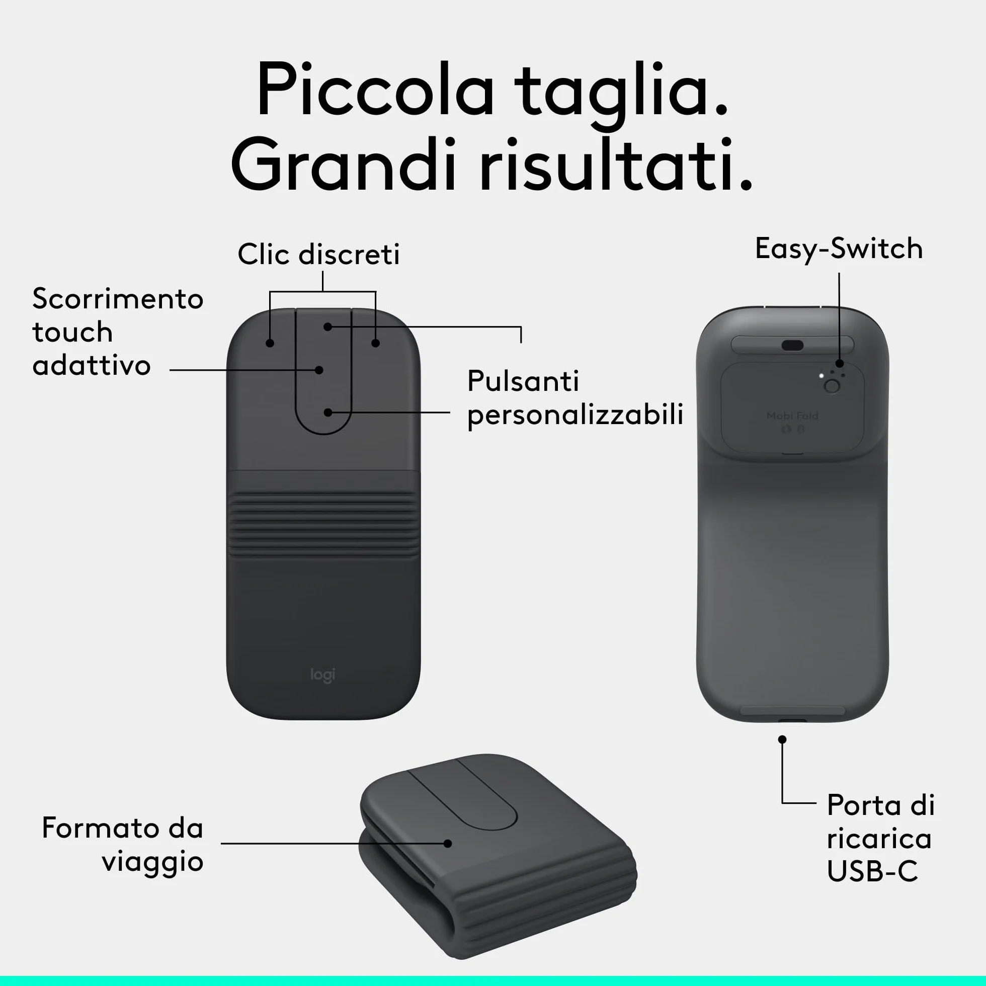 Logitech Keys-To-Go 2 e Mobi Fold, tastiera sottile con coperchio e mouse pieghevole, leggeri, portatili, Bluetooth, per PC Windows, Mac, Android, Chromebook, iPad, ITA QWERTY - Grafite