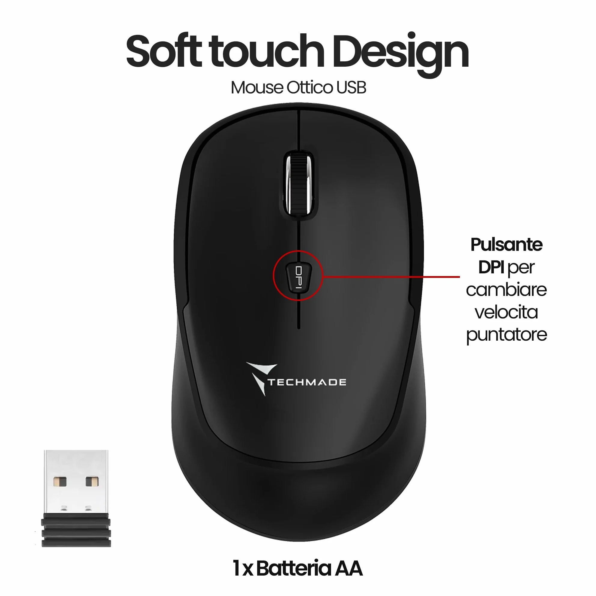 Techmade KM001 Kit Combo Tastiera e Mouse Wireless per Windows e Mac | Mouse Wireless | Tastiera Dimensioni Standard | Tastierino | Ricevitore USB Unico per PC e Laptop | Layout Italiano QWERTY