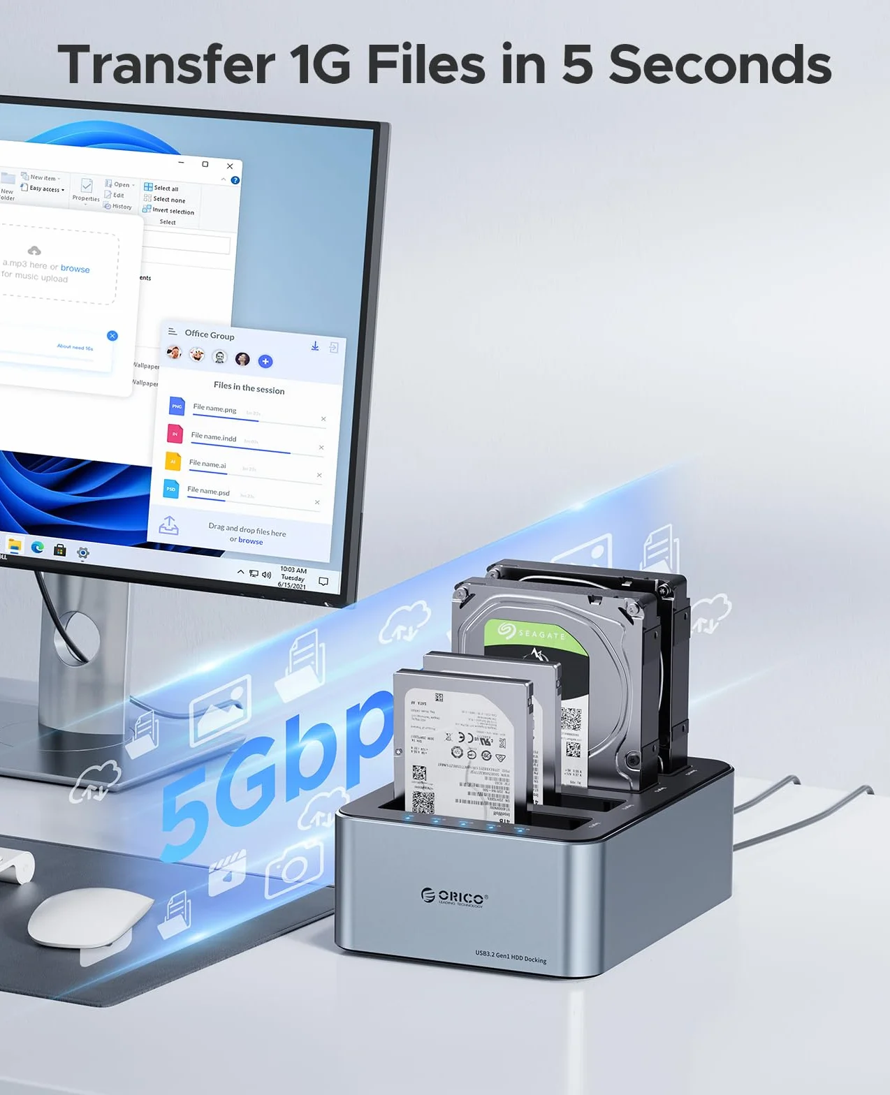 ORICO Docking Station 4 Bay USB 3.2 Gen 1 per SATA 2.5/3.5" SSD/HDD Cloni Offline Alimentatore 12V 6.5A