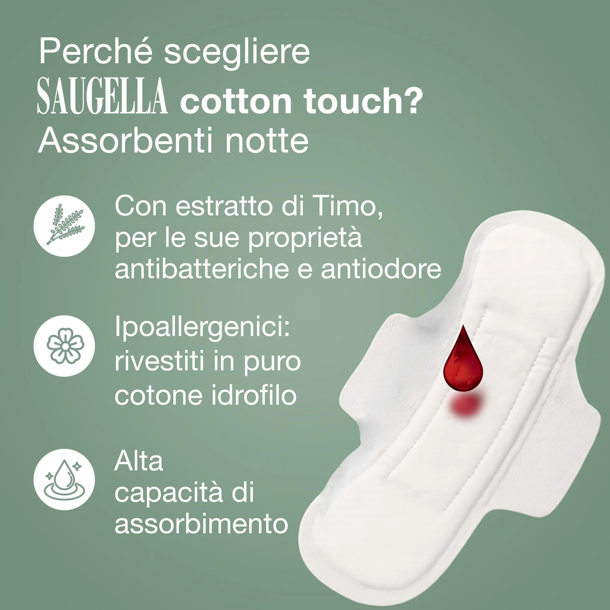 Saugella Assorbenti Cotton Touch Notte 48 sztuk z Ali, Antybakteryjne, Antyodorowe, Łagodzące