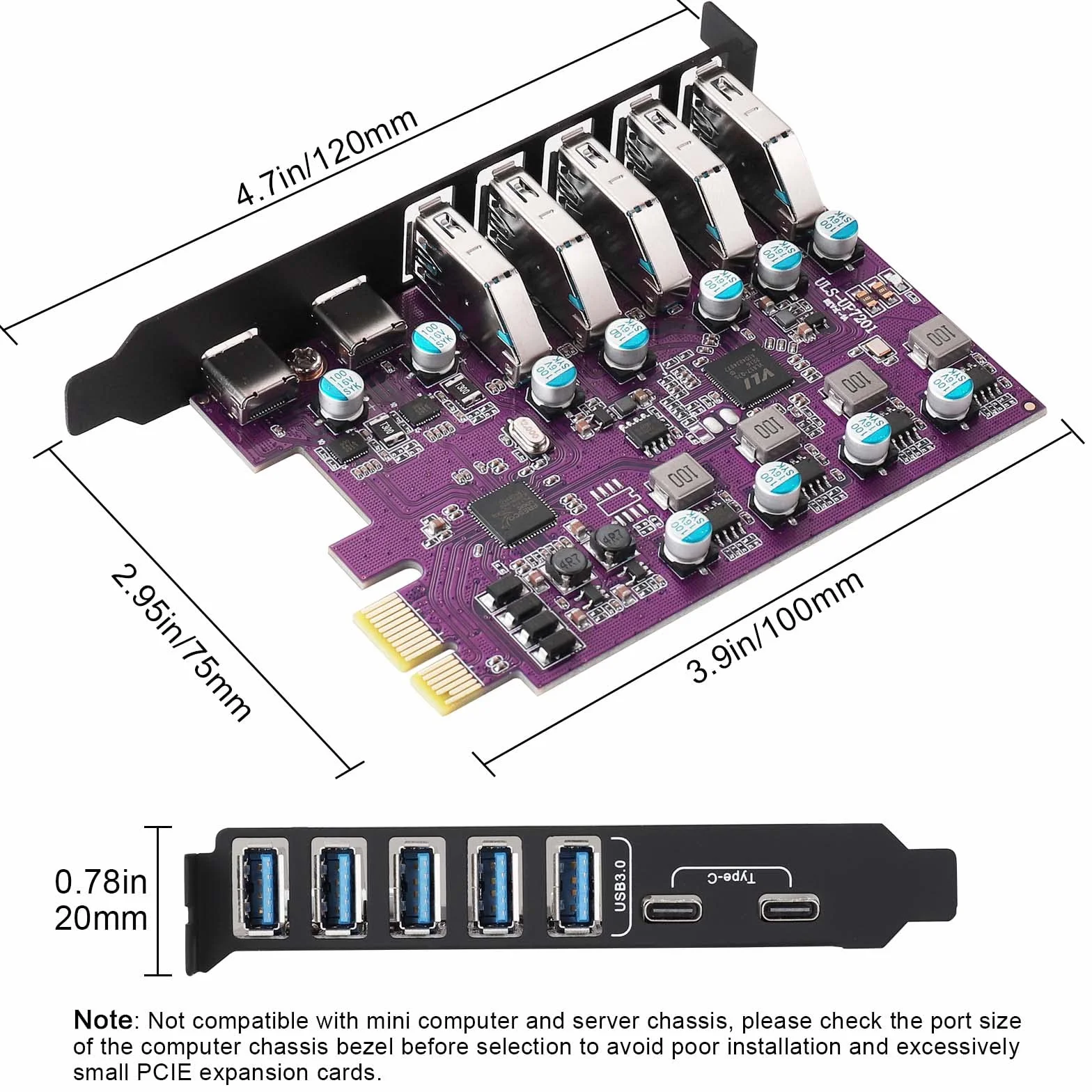 Scheda di Espansione USB 3.0 da 7 Porte (5x Type-A, 2x Type-C) 5 Gbps USB PCI Express per Windows e Mac