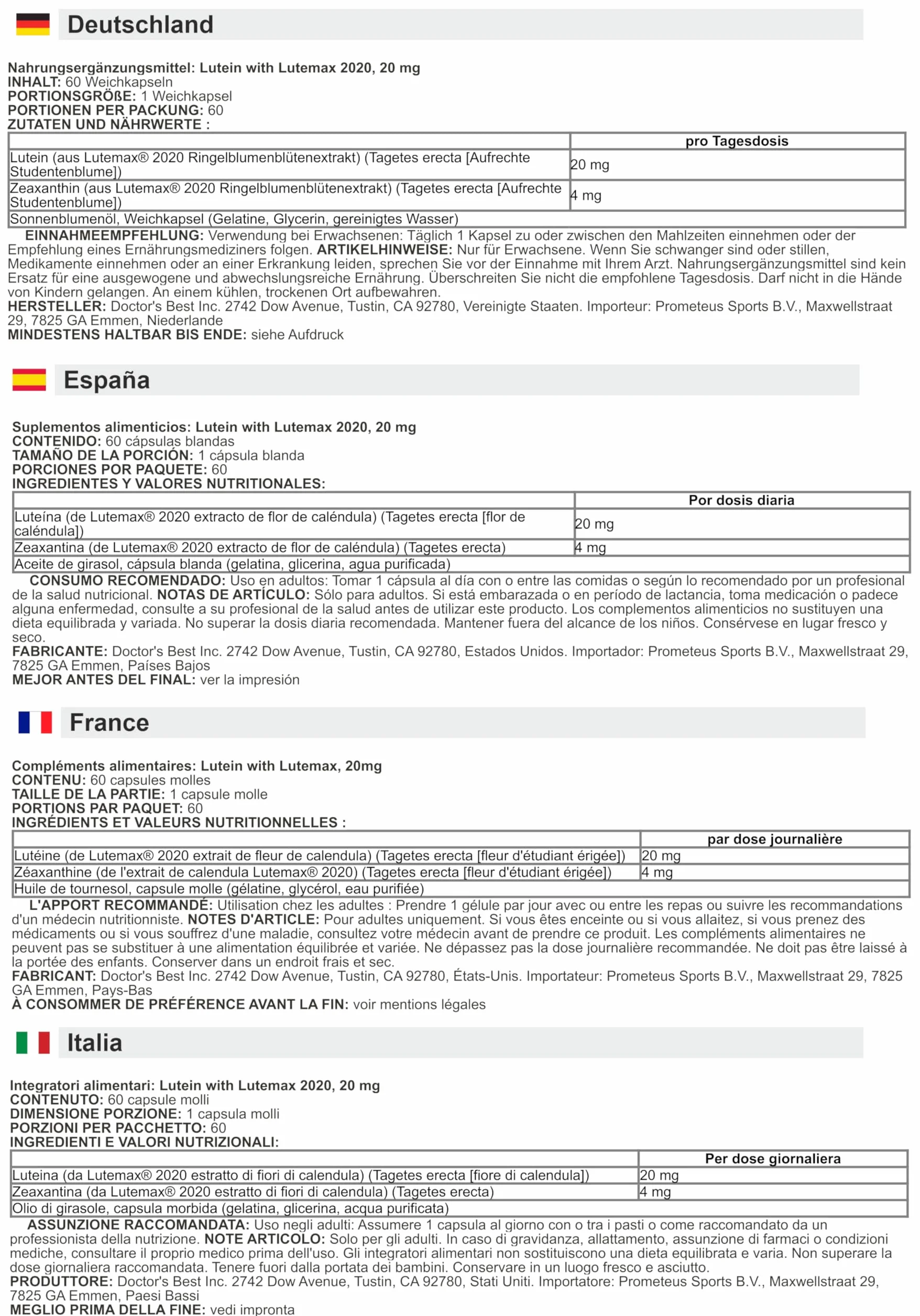 Doctor's Best Luteina con Lutemax 2020 60 gel morbidi