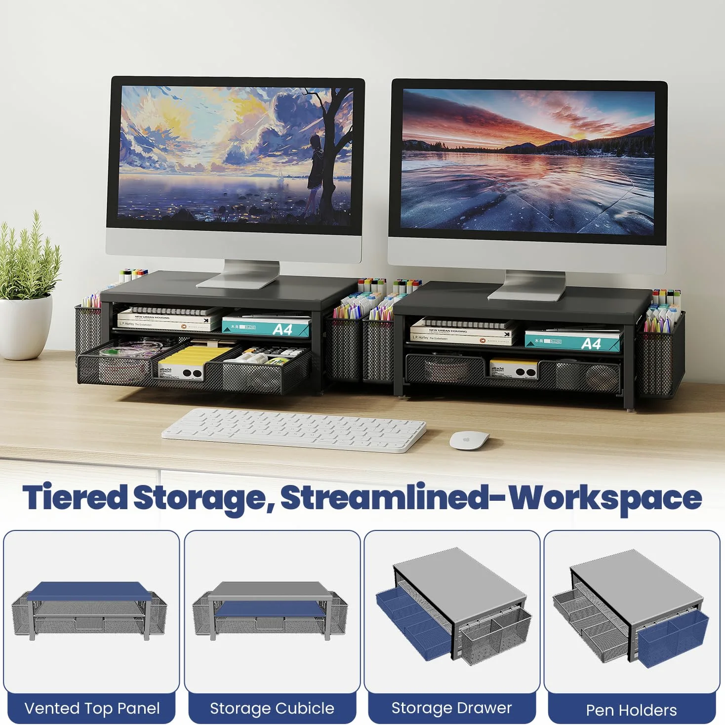 Supporto per monitor in metallo con cassetto e 2 portapenne, per scrivania, accessori da scrivania e supporto per schermo del computer, per stampante (nero) (confezione da 2)