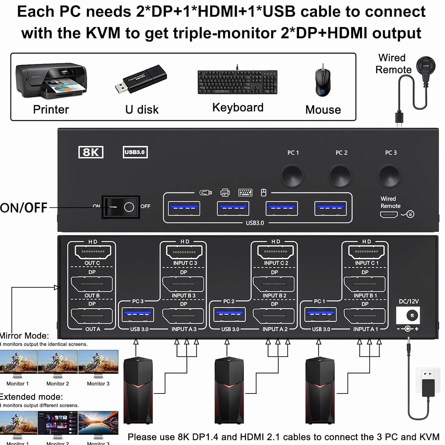 Switch KVM 3 PC 3 monitor 8K a 60 Hz 4K a 144 Hz, CAMGEET HDMI+2 Displayport Switch KVM triplo monitor per 3 computer, condividi 3 monitor e 4 dispositivi USB 3.0, telecomando cablato incluso