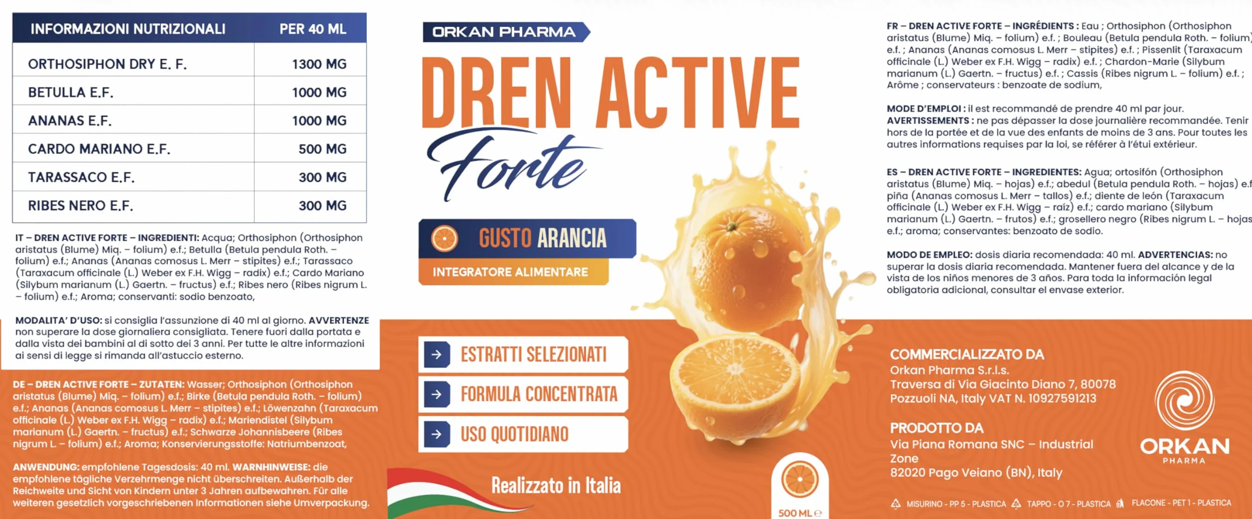 Diuretico Drenante Forte Detox Anticellulite 500 ML Gusto Arancia Made in Italy