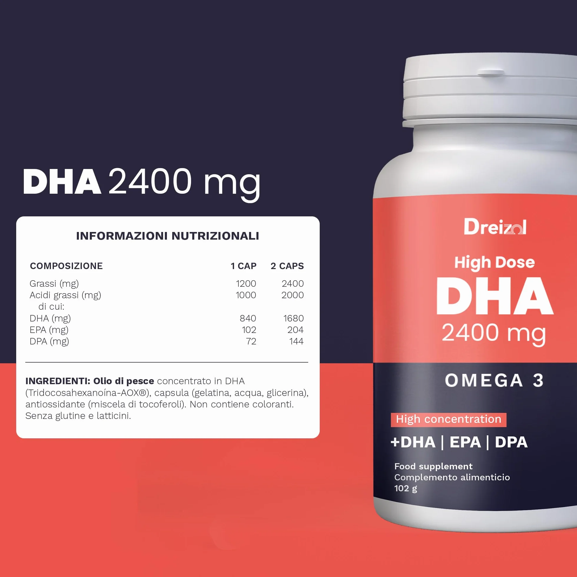 Brudy Lab Omega 3 2400 mg DHA High Dose Capsule – Olio di pesce concentrato 60 capsule