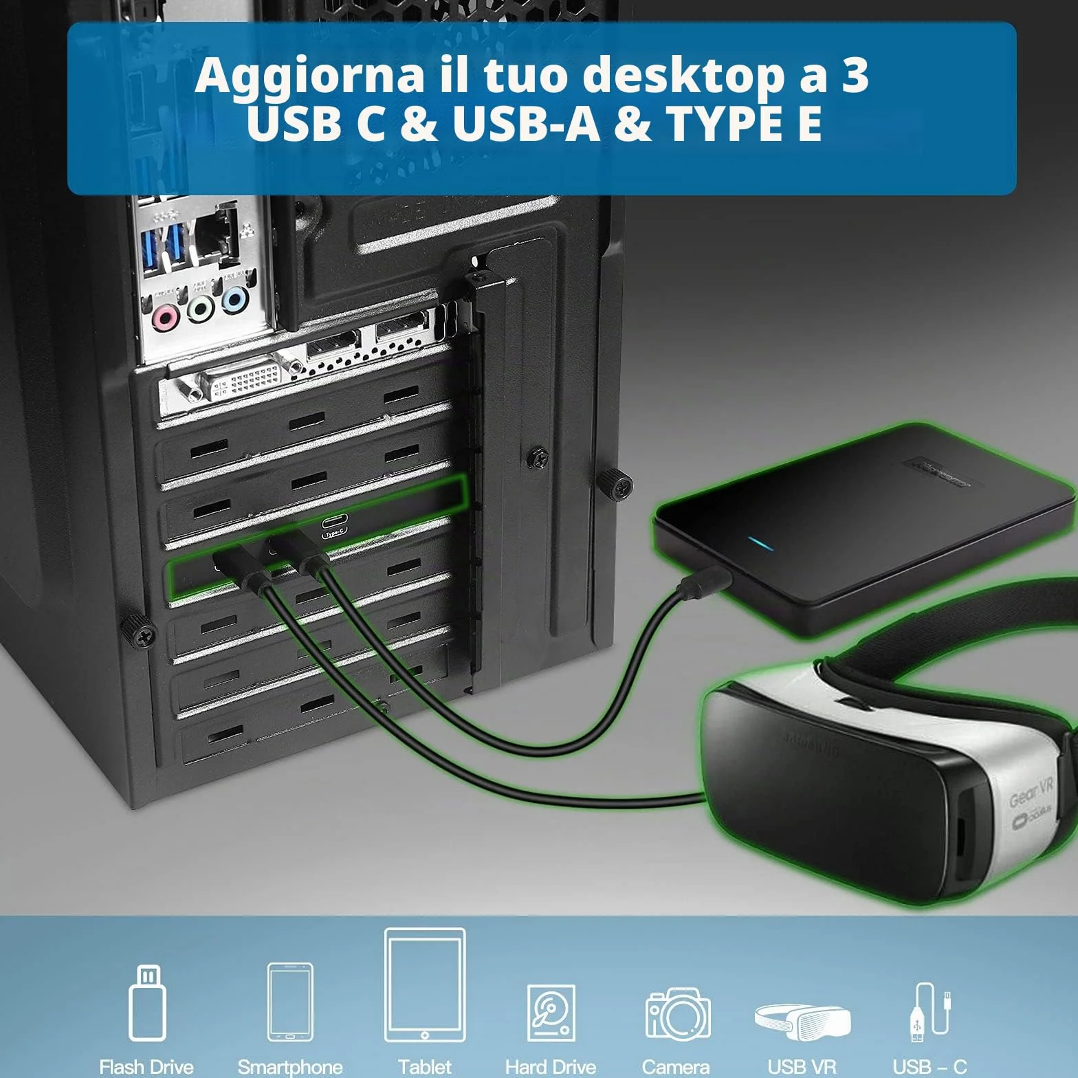 Scheda di espansione PCIe 5 porte, USB 3.2 gen2 10Gpbs Card con 3 porte Type C e 2 interne (1x USB 2.0, 1x Type E) Scheda PCI Express a USB per PC Desktop