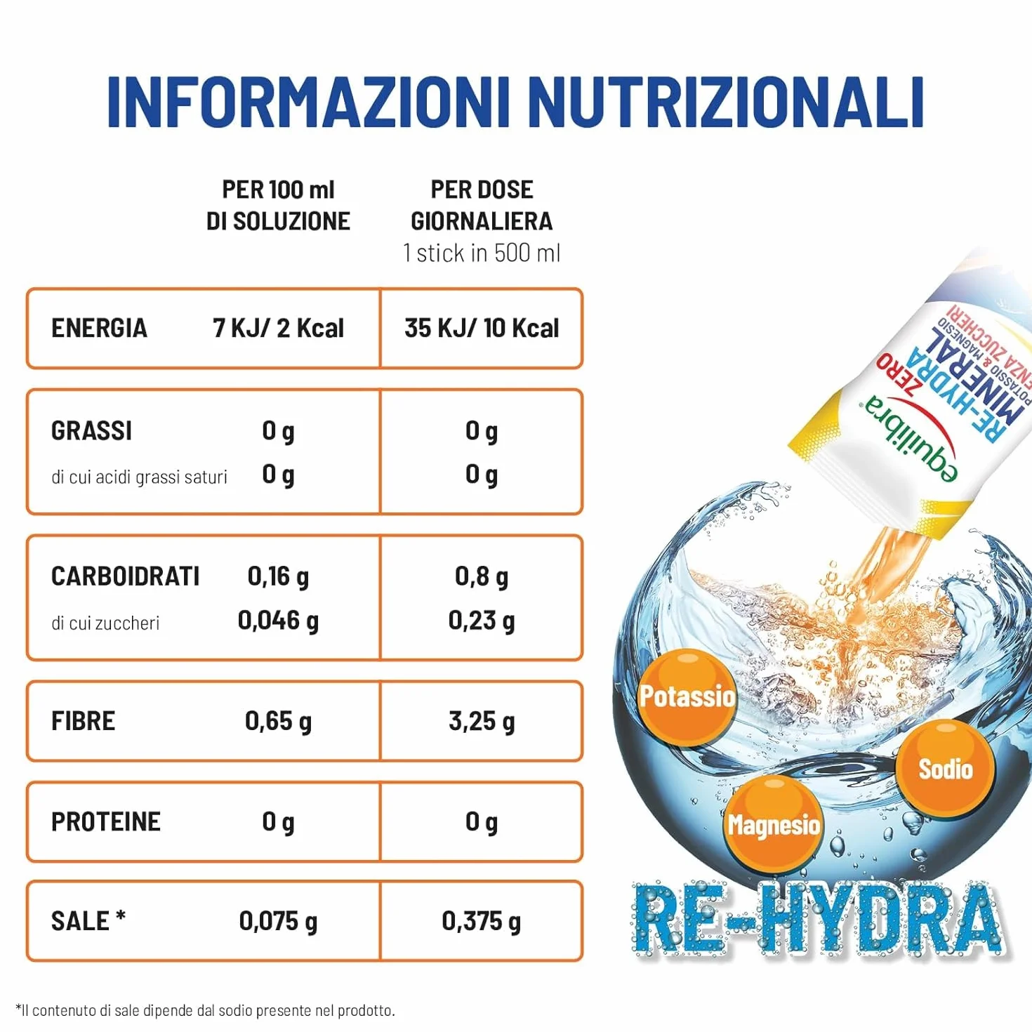 Equilibra Potassio e Magnesio Integratore Re-Hydra Mineral Zero 12 Stick Gusto Arancia Senza Zuccheri