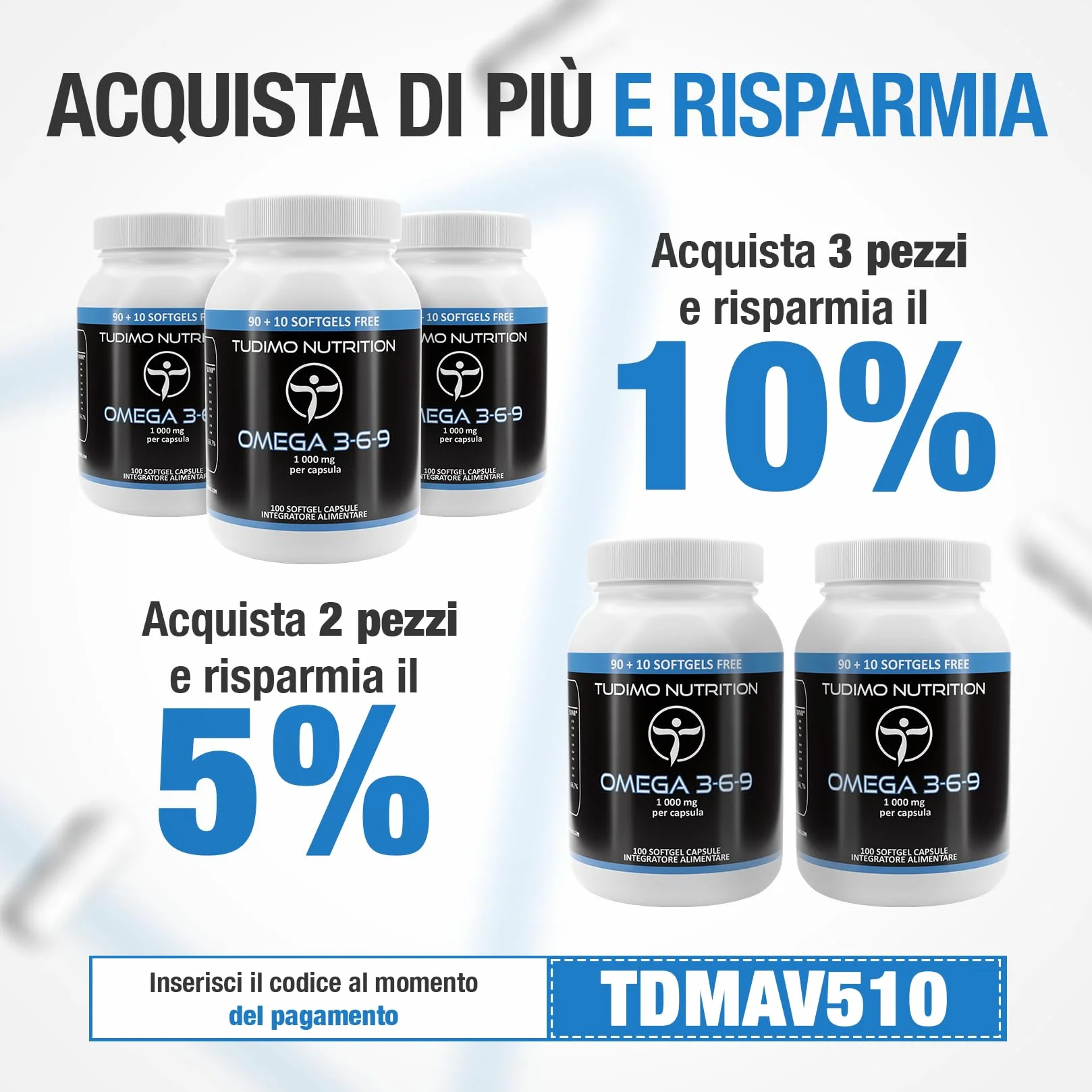 Omega 3 6 9 Integratore 1000 mg per Softgel Olio di Pesce Borragine Girasole Vitamina E 100 Capsule