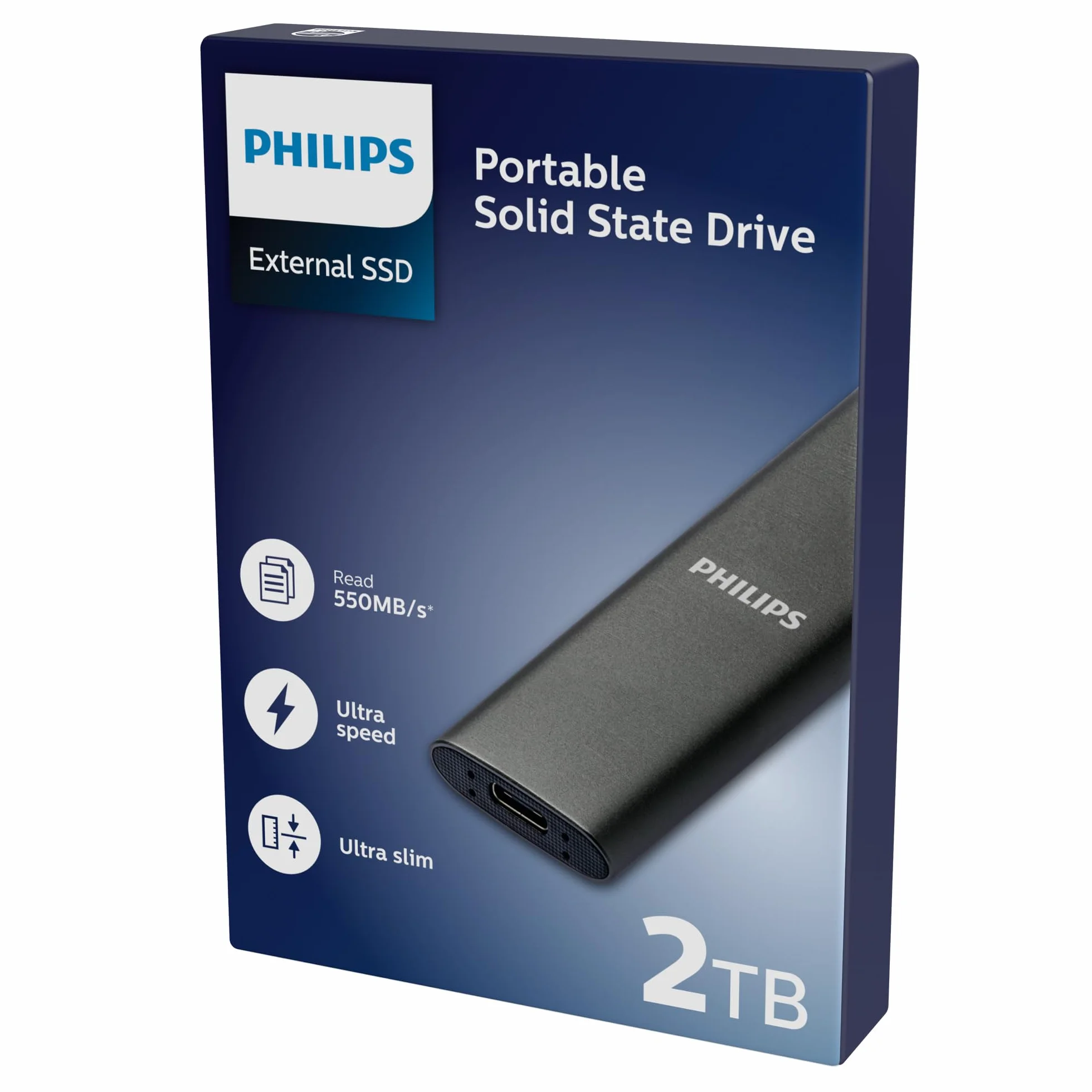 Philips SSD esterno portatile 2TB - Ultra Slim SATA Ultra Speed USB-C, velocità di lettura fino a 550 MB/s, alluminio