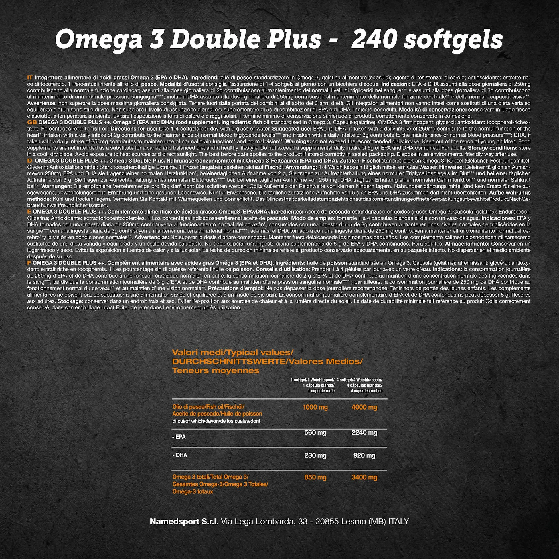 NAMEDSPORT SUPERFOOD Omega 3 Double Plus Integratori Omega 3 Alta Concentrazione EPA+DHA Olio di Pesce Purificato 240 Softgels