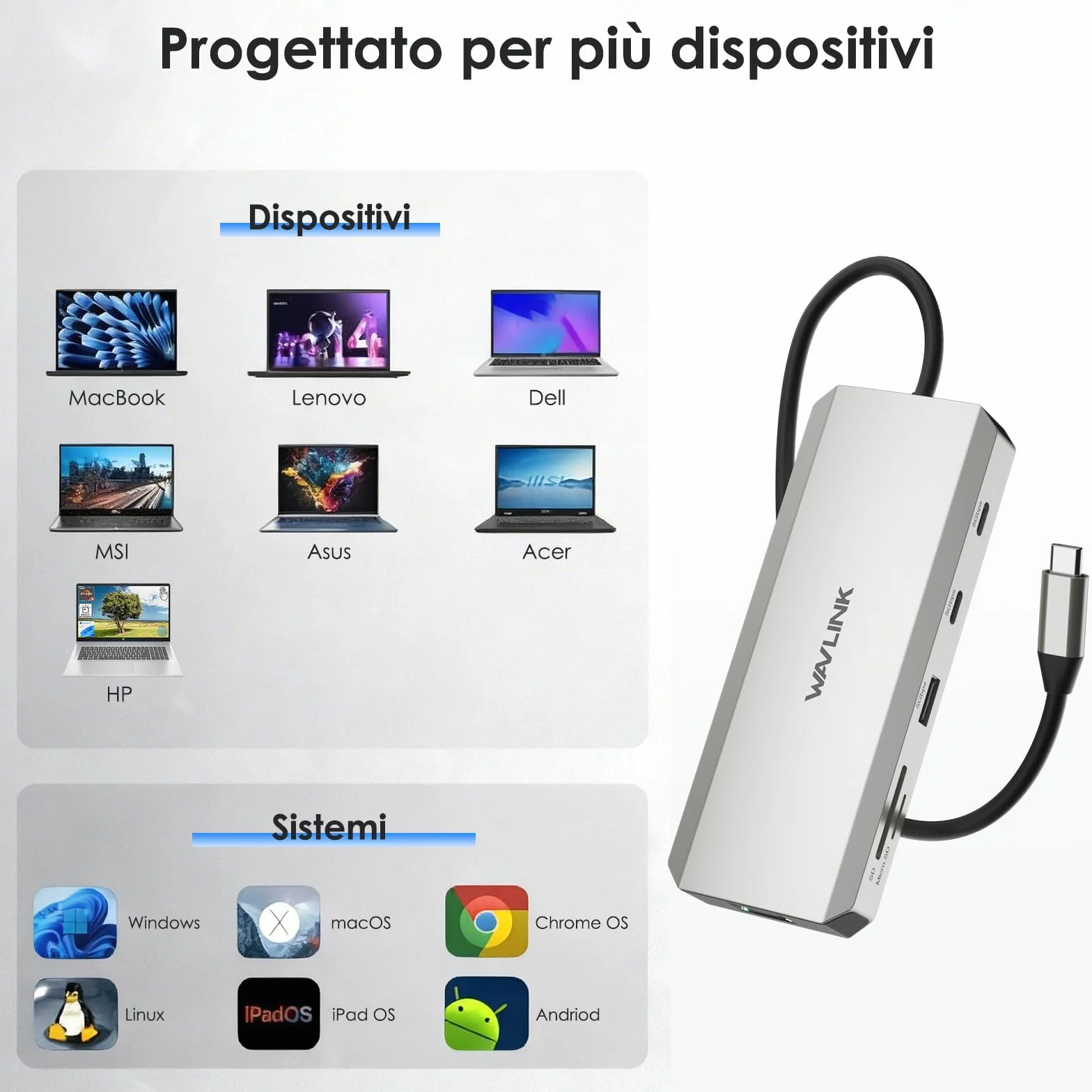 Docking station USB C WAVLINK 10 in 1 per laptop, doppio HDMI 4K@60Hz, USB A/C 3.0, lettore SD/TF, ingresso PD da 100W, Ethernet Gigabit, porta audio, compatibile con Dell, HP e Lenovo