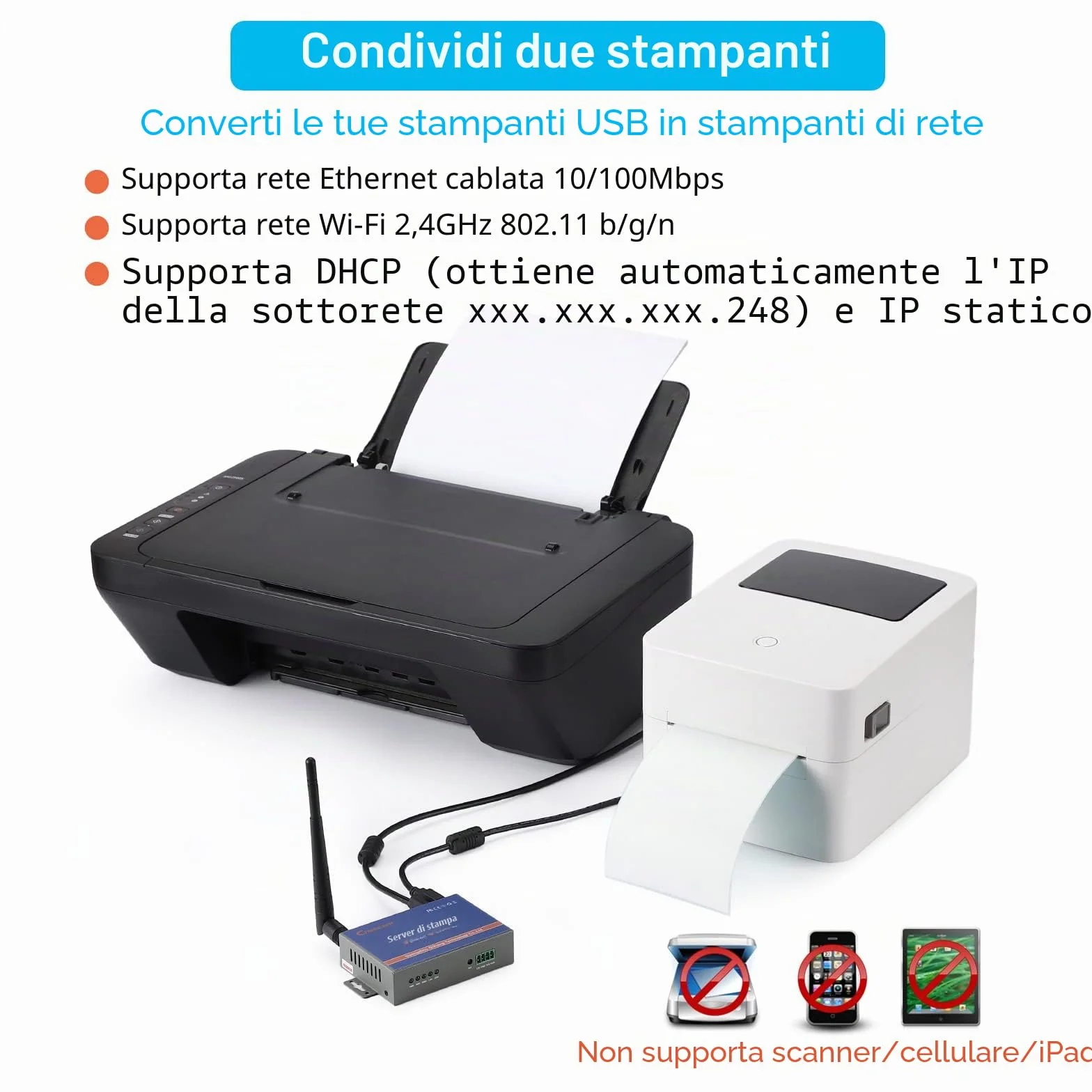 Server di stampa wireless (NON Plug&Play), server di stampa USB a 2 porte, server di stampa di rete di computer - Converti stampante USB in rete Ethernet WiFi - Compatibile con Windows Mac Linux
