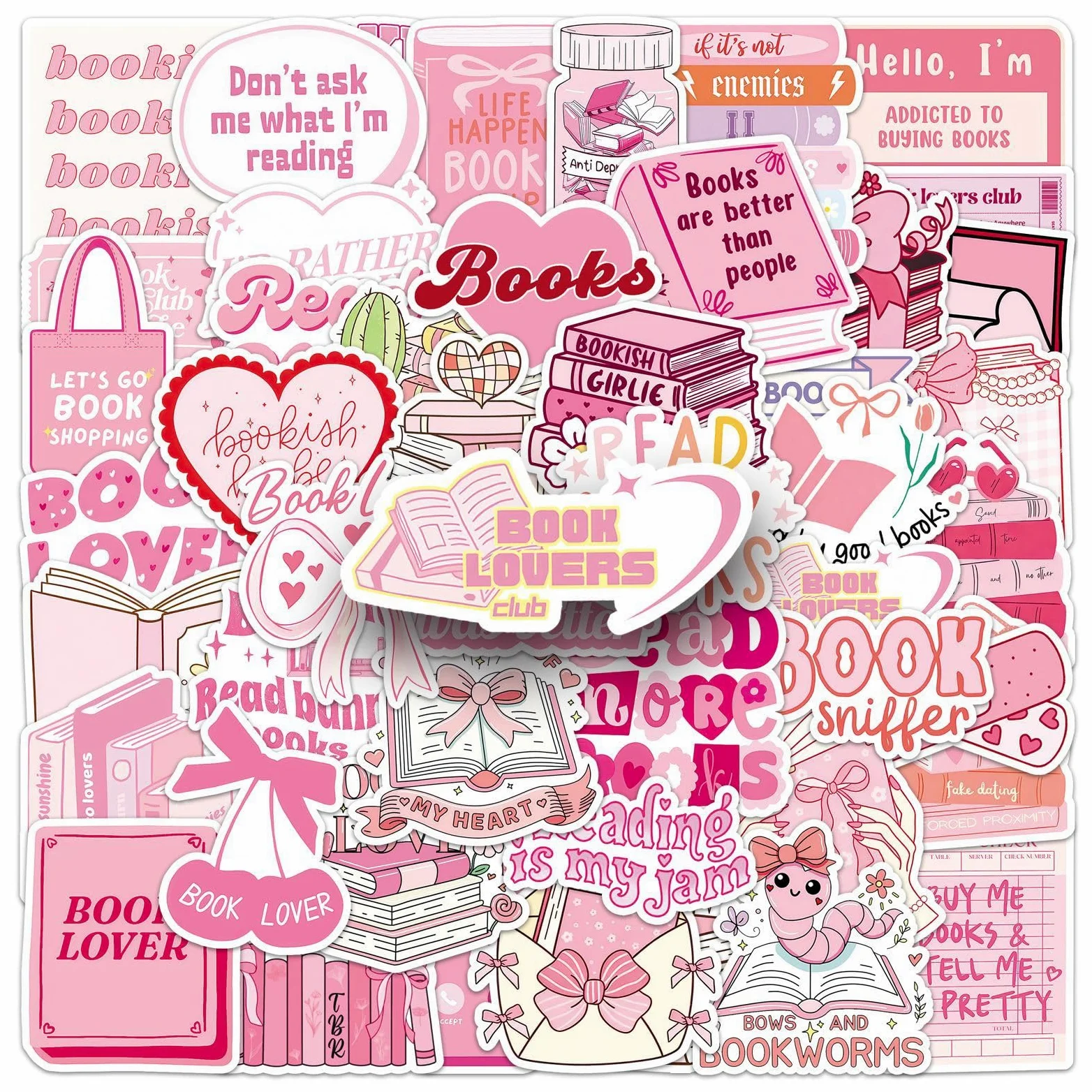 50 adesivi rosa per amanti dei libri, impermeabili, in vinile, per laptop, skateboard, custodia del telefono, bagagli, decorazione estetica per adolescenti, adulti, ragazzi, ragazze