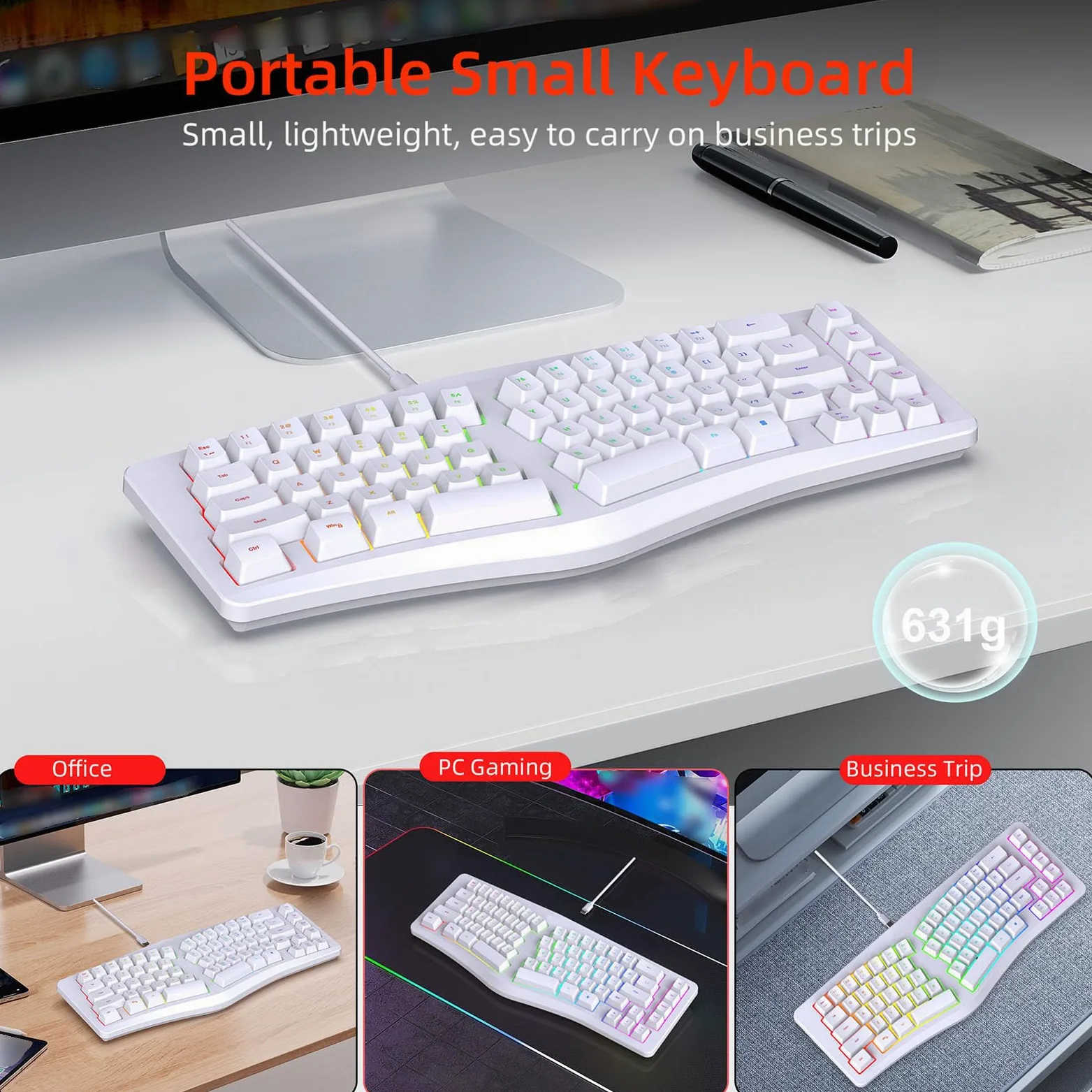 Tastiera Ergonomica Divisa, Tastiera da Digitare Naturalmente USB C con 18 modalità Retroilluminata RGB, 69 Tasti, Cavo Staccabile per il Desktop per Computer (WHITE)