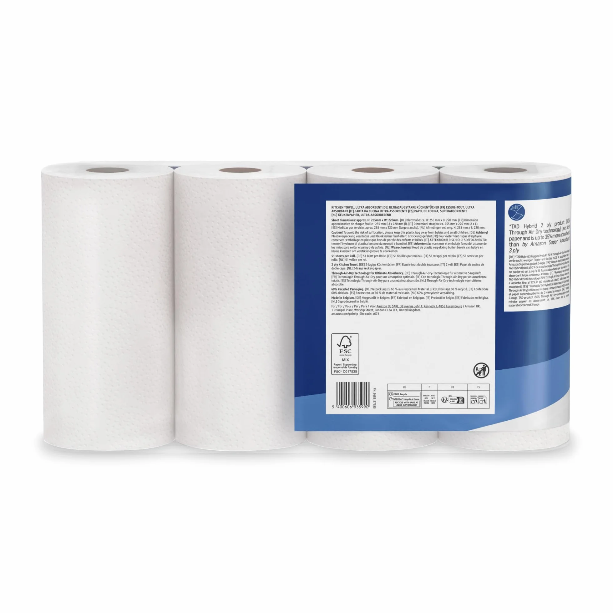 Rotolo da Cucina TAD Ultra Assorbente, 4 Rotoli, 51 Fogli, Certificato FSC
