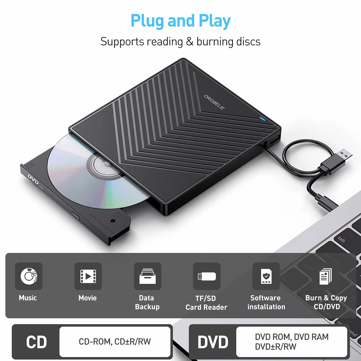 ORIGBELIE Masterizzatore DVD CD Externo, Lettore CD DVD Esterno, USB 3.0 con 4 Porte USB e 2 Lettore di Schede TF/SD, Sottile Unità CD/DVD Esterna Per Laptop Mac PC Windows 11/10/8/7 Linux OS con Caso