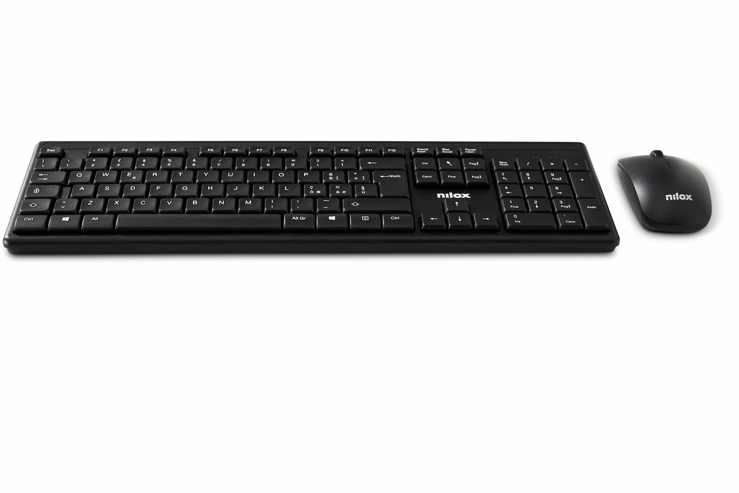 Nilox NXKMWIT011, Kit Tastiera e Mouse Wireless con Distanza Operativa di 10m, Tastiera con Layout Italiano, Mouse con Sensore Ottico da 1600 DPI, Compatibile con Windows, Linux e Mac
