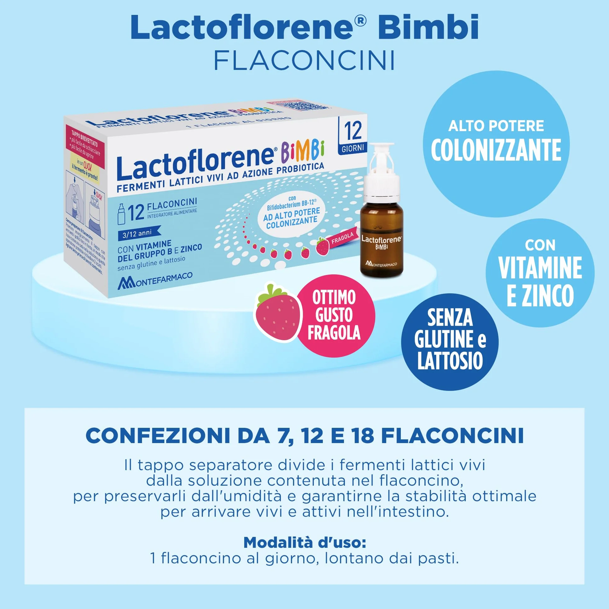 Lactoflorene Bimbi Integratore Fermenti Lattici con Zinco e Vitamine B Gusto Fragola 12 Flaconcini