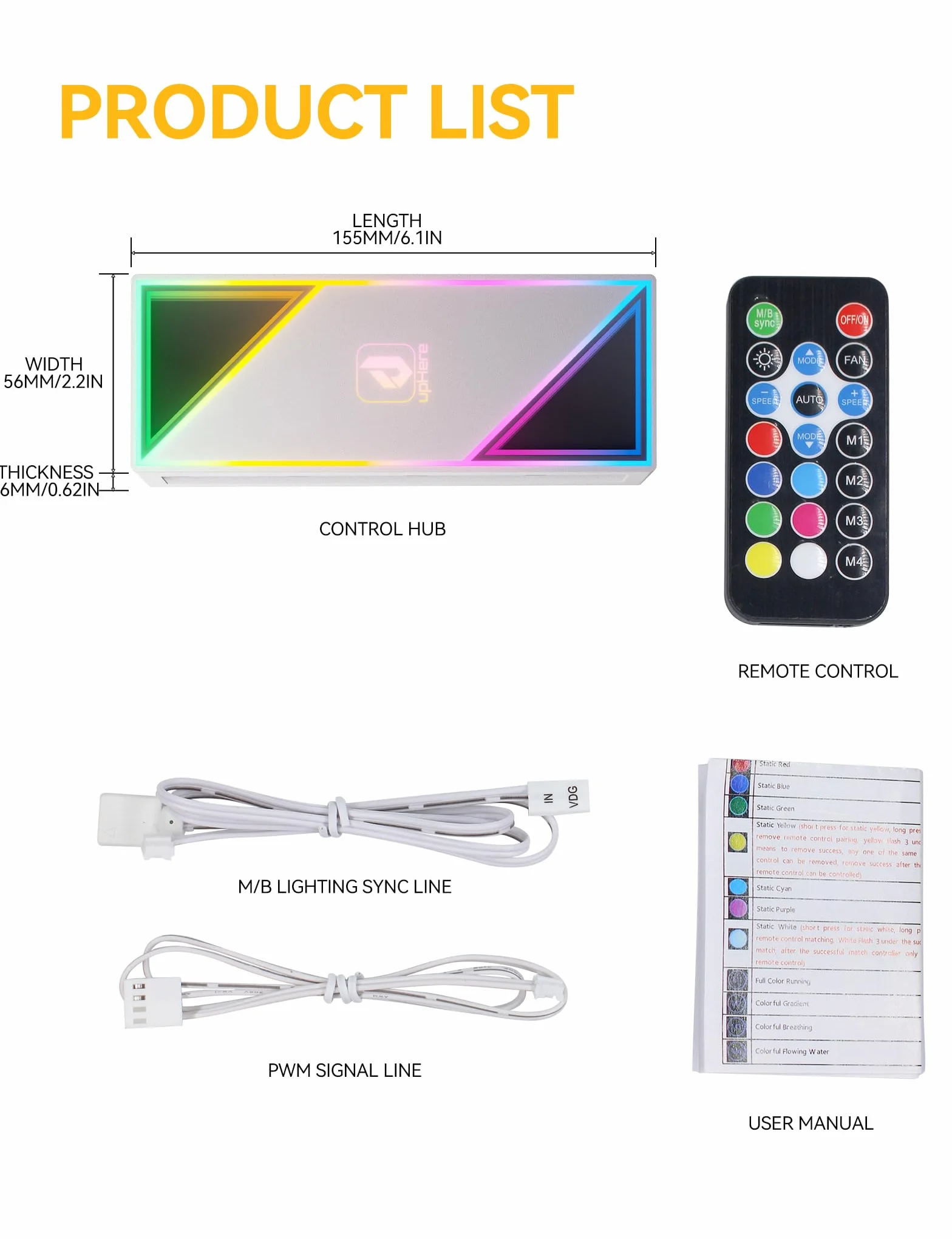 upHere ARGB Magnetic Fan Hub Controller, 12 PWM 4-Pin, 12 ARGB 5V 3-Pin, Infinity Mirror, SATA-Powered PC RGB Fan Hub, Bianco
