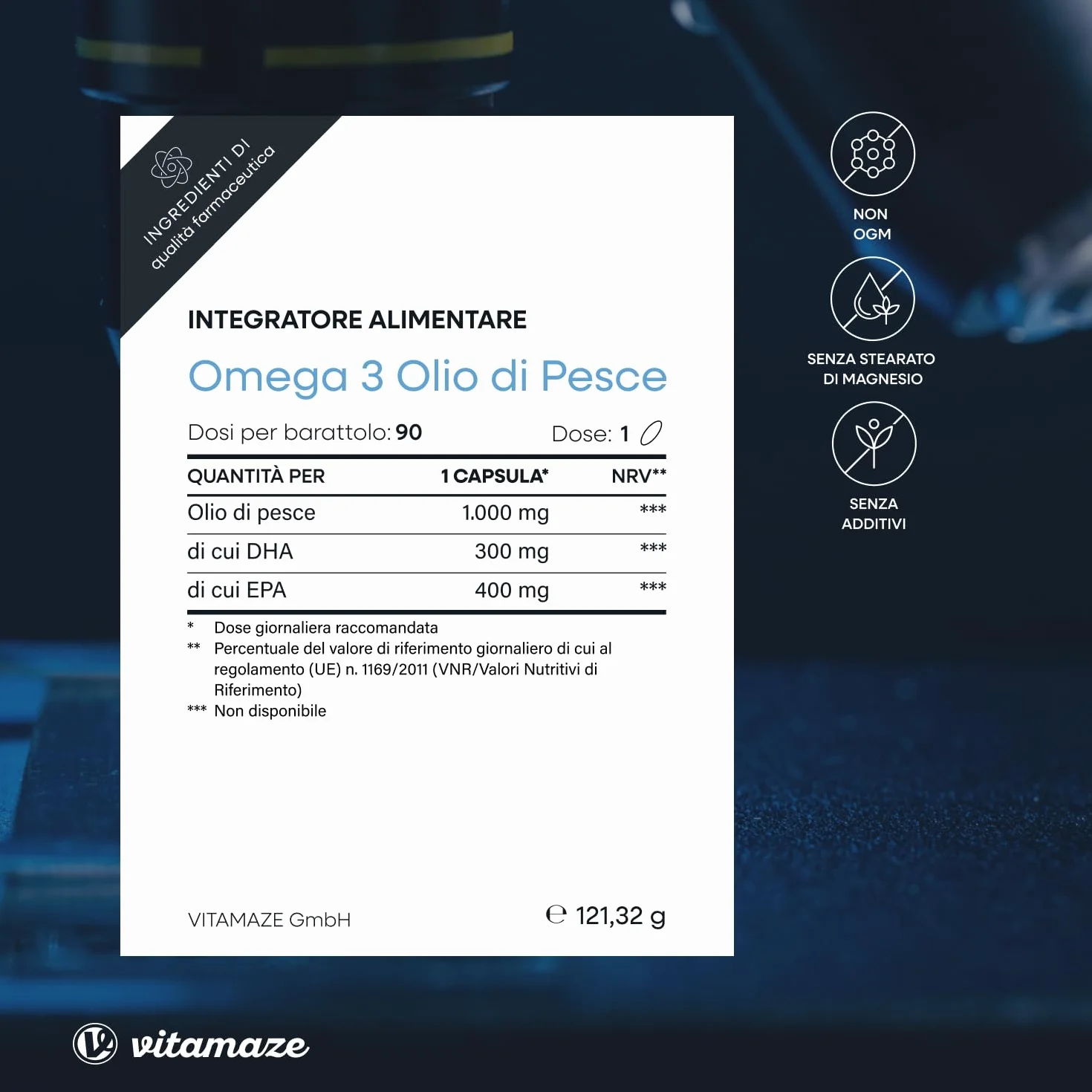 Vitamaze Omega 3 1000mg per Capsula Alto Dosaggio Olio di Pesce EPA 400mg DHA 300mg FOS Certificato