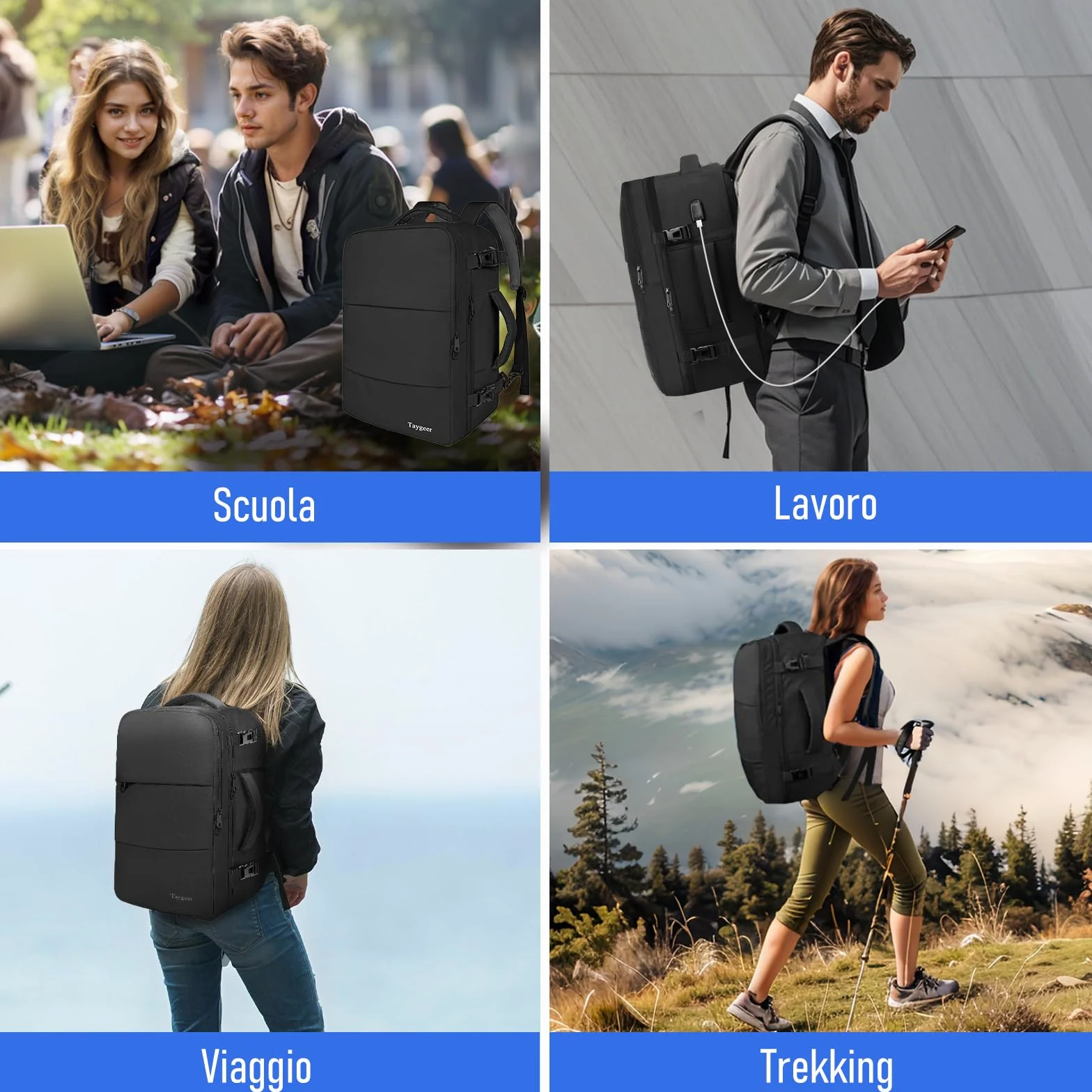 Taygeer Zaino 40x30x20 per Ryanair e Wizzair, Zaino da Viaggio Aereo Bagaglio a Mano Piccolo con Portascarpe, Borse da Cabina Uomo Donna Impermeabile Zaini Porta PC 14 Pollici per Scuola Lavoro, Nero