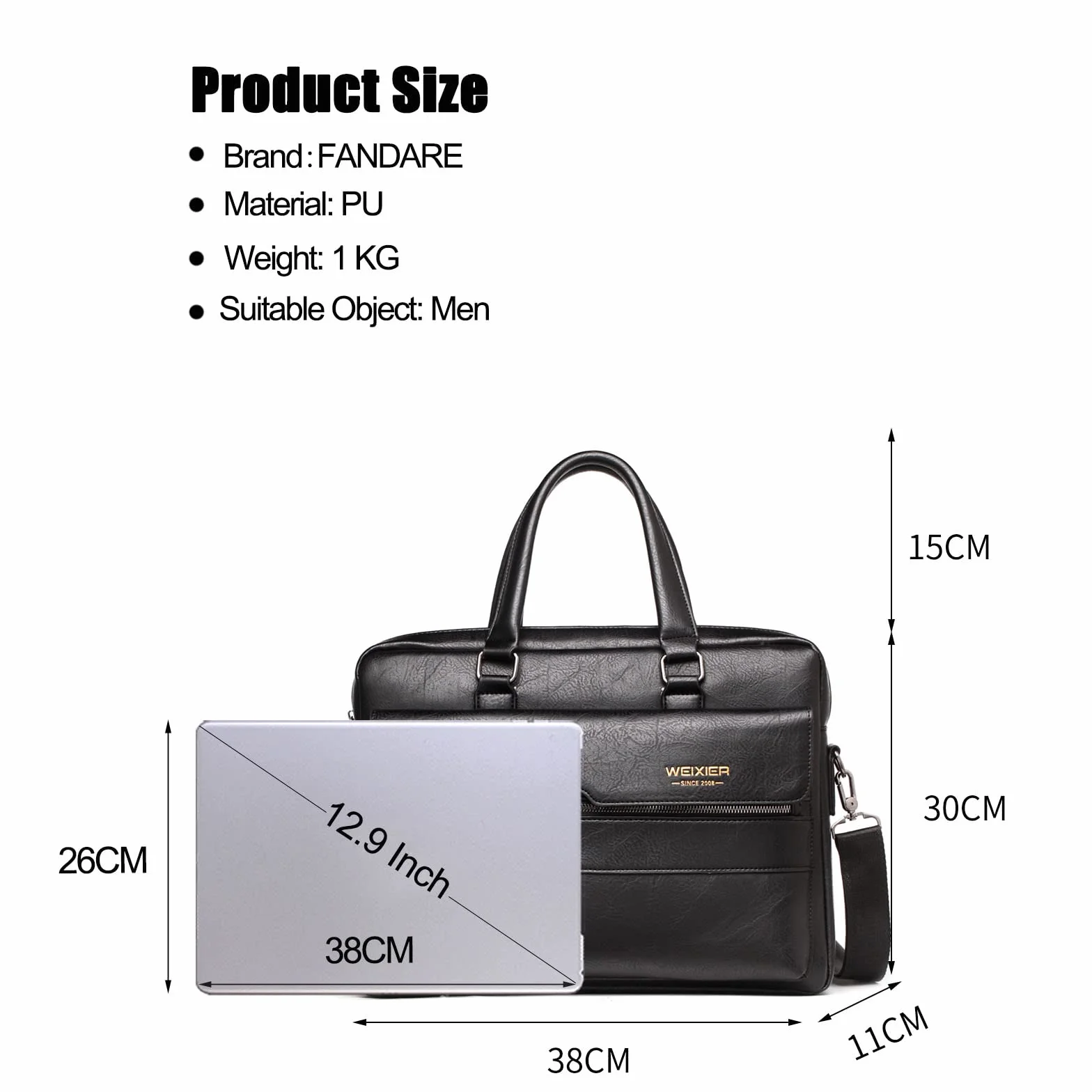 FANDARE Ventiquattrore Uomo Borsa Porta PC da Lavoro Borsa a Tracolla in PU Pelle Borsa Cartella Borse per 12.9 Pollici PC Borsa Messenger per Ufficio Università Insegnanti Scuola Business Nero
