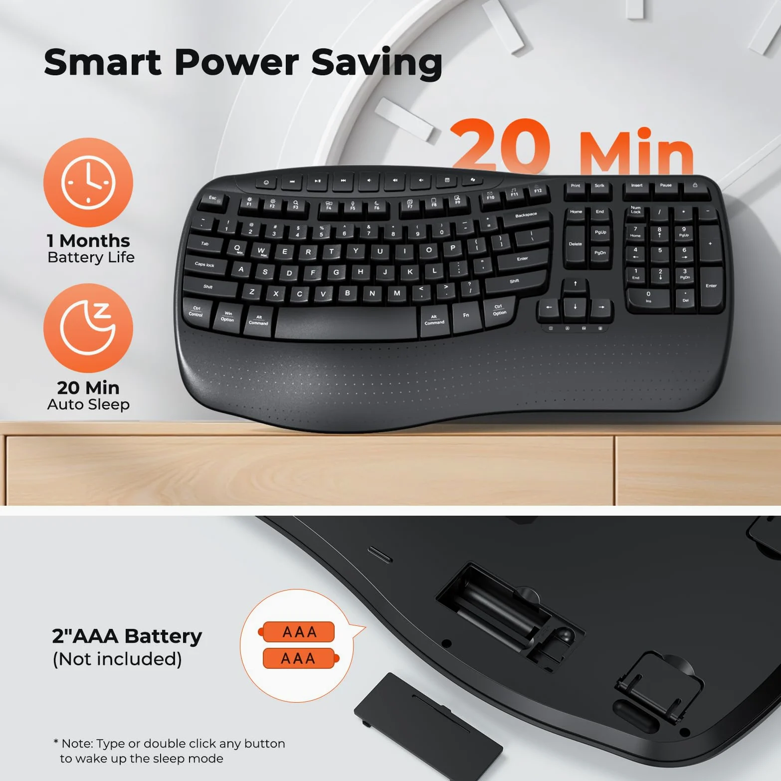 Doci Tastiera ergonomica senza fili, tasti ondulati, tastiera di digitazione naturale, ricevitore cordless USB-A 2.4G e adattatore USB-C, tastiera per computer Ergo, Windows/Mac/PC/laptop, nero