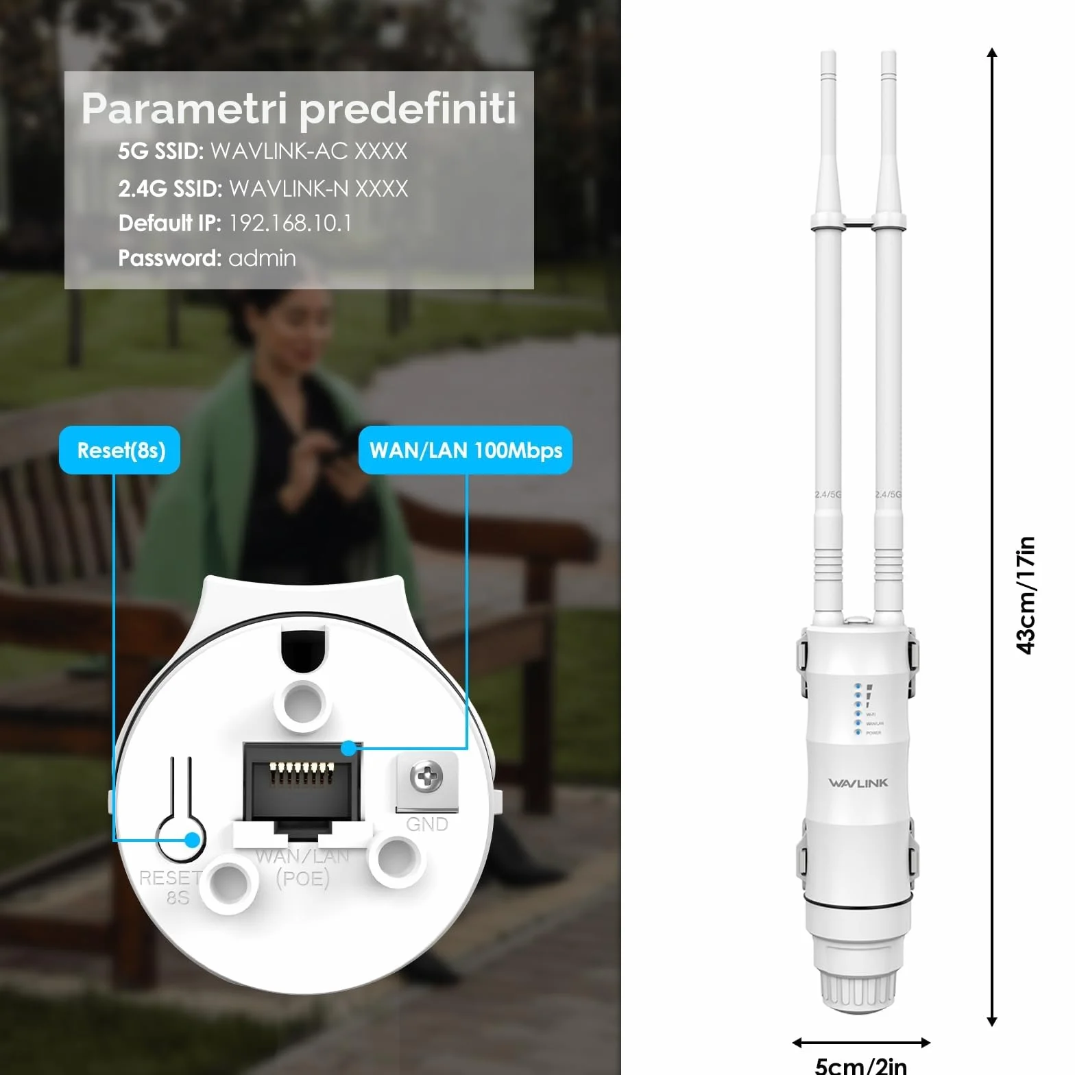 WAVLINK AC1200 Ripetitore WiFi Potente Esterno per Lunga Distanza - Amplificatore di Segnale Doppia Banda 2.4G + 5G, Outdoor Router Extender Access Point, Supporto PoE