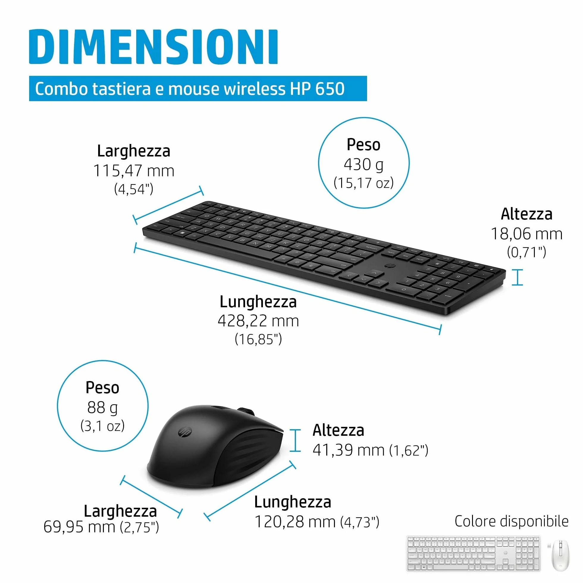 HP 650 Tastiera e Mouse Wireless con Dongle USB-A a 2,4 GHz, 20 Tasti programmabili, Piedini Regolabili con 6 Gradi Inclinazione, Tastierino Numerico, Mouse fino a 4000 DPI Personalizzabili, Nera