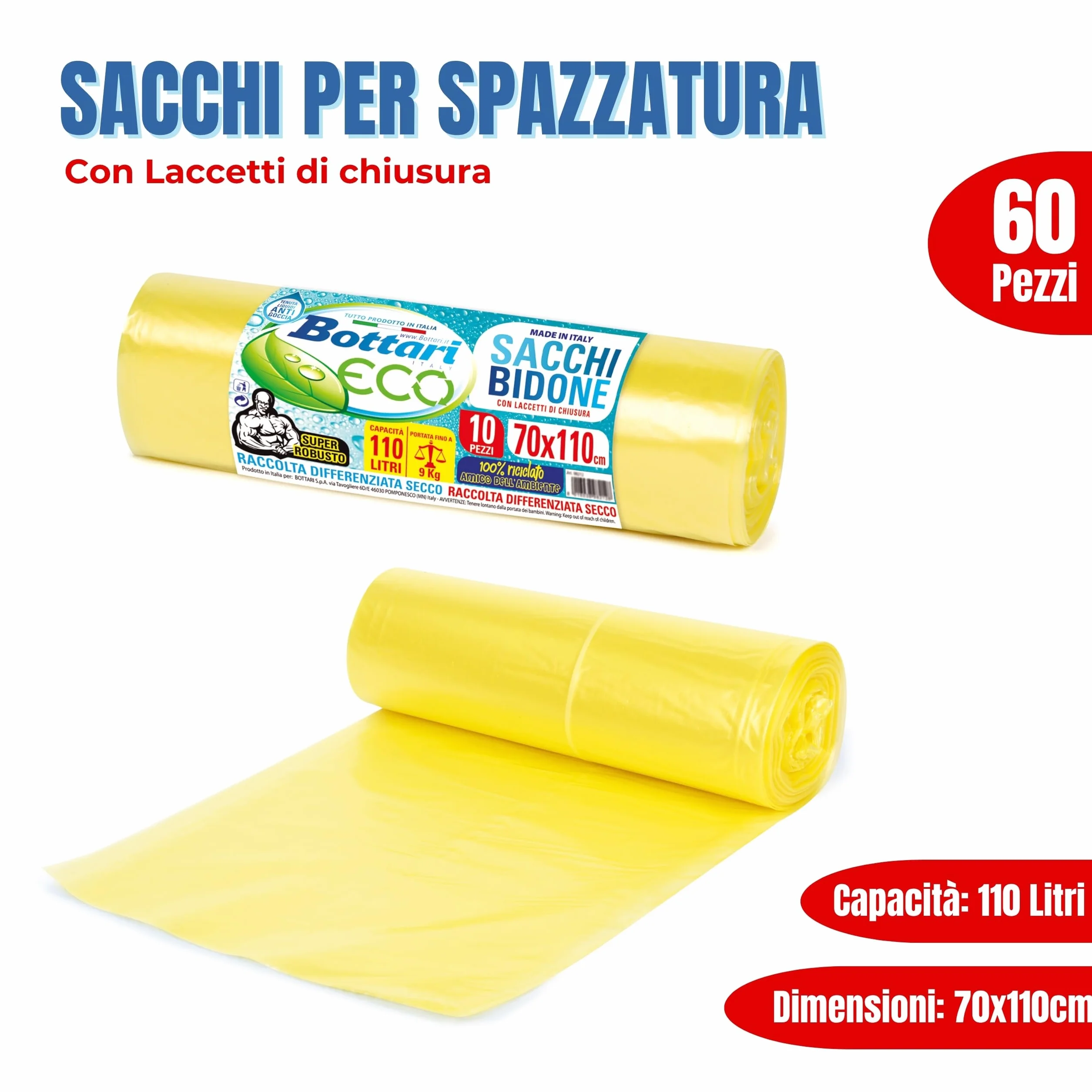 Bottari 60 Sacchi Immondizia 110L 70x110 cm con Laccetti di Chiusura Gialli