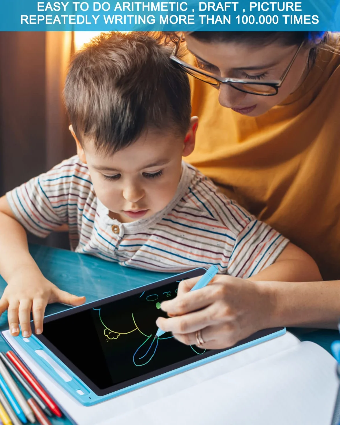 Tavoletta Grafica Bambini LCD 12 Pollici Display Colorato Cancellabile con Pulsante Elimina e Blocco