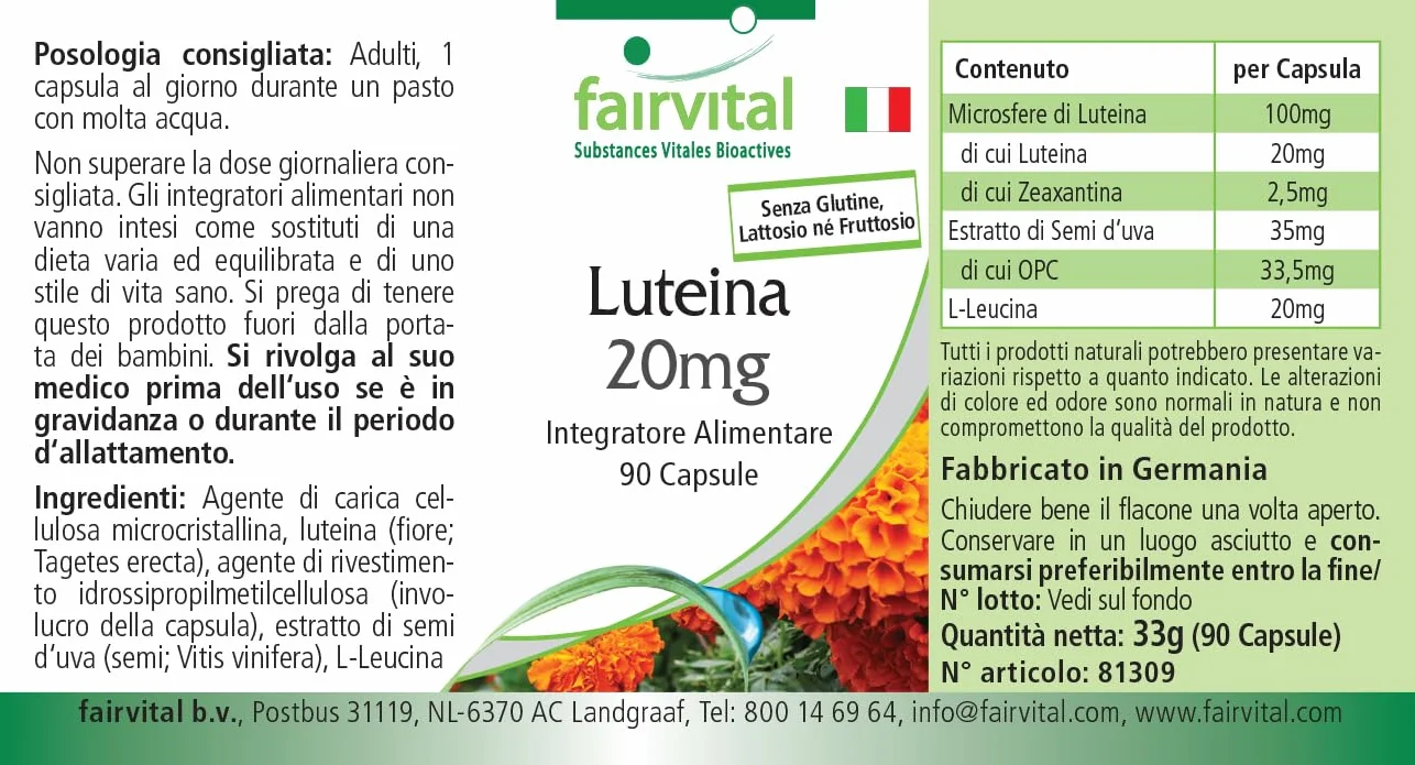 Fairvital Luteina 20 mg + Zeaxantina, 90 capsule, vegane, senza stearato di magnesio