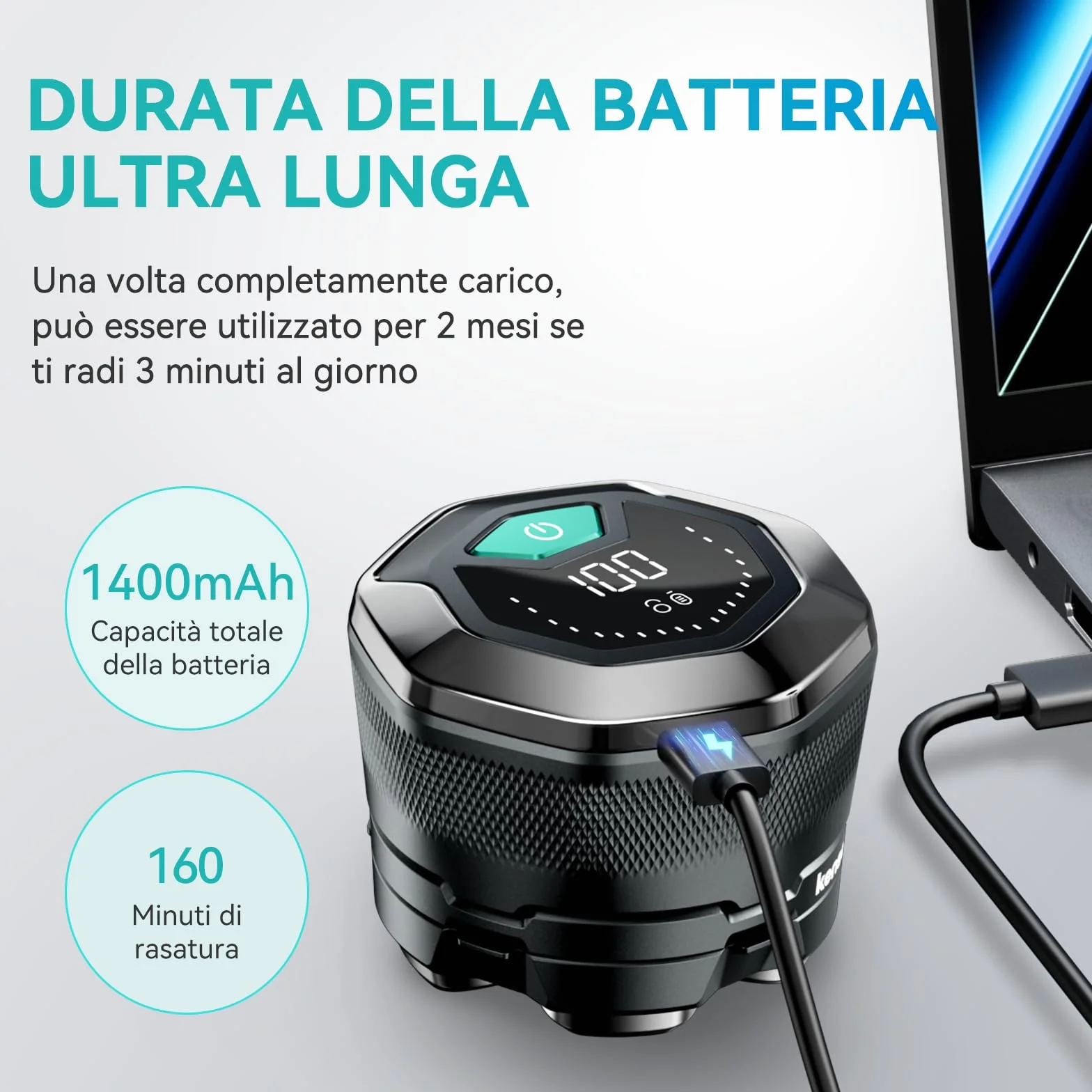Kensen Rasoio Elettrico Testa Calva Uomo 6D Impermeabile Cordless 160 Minuti Autonomia USB-C