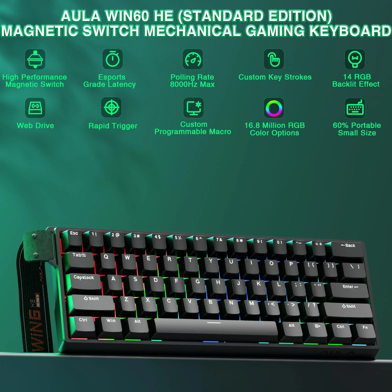 Aula WIN60 HE Tastiera Meccanica da Gioco 60% Cablata Interruttore Magnetico Hot-Swap 8000 Hz