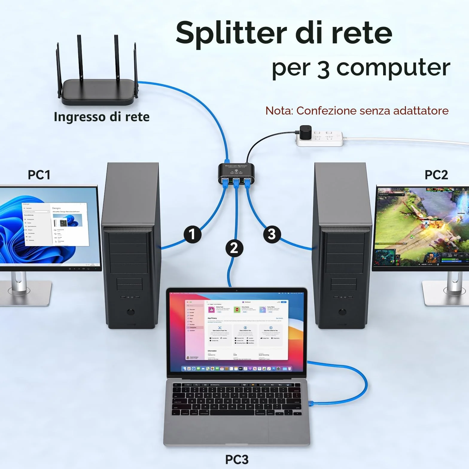 VEDINDUST Switch Ethernet da 1 a 3 1000Mbps Sdoppiatore Ethernet Alluminio Splitter Gigabit Lan Con Cavo di Alimentazione USB C. Adatto a Computer.Router.Set Top Box