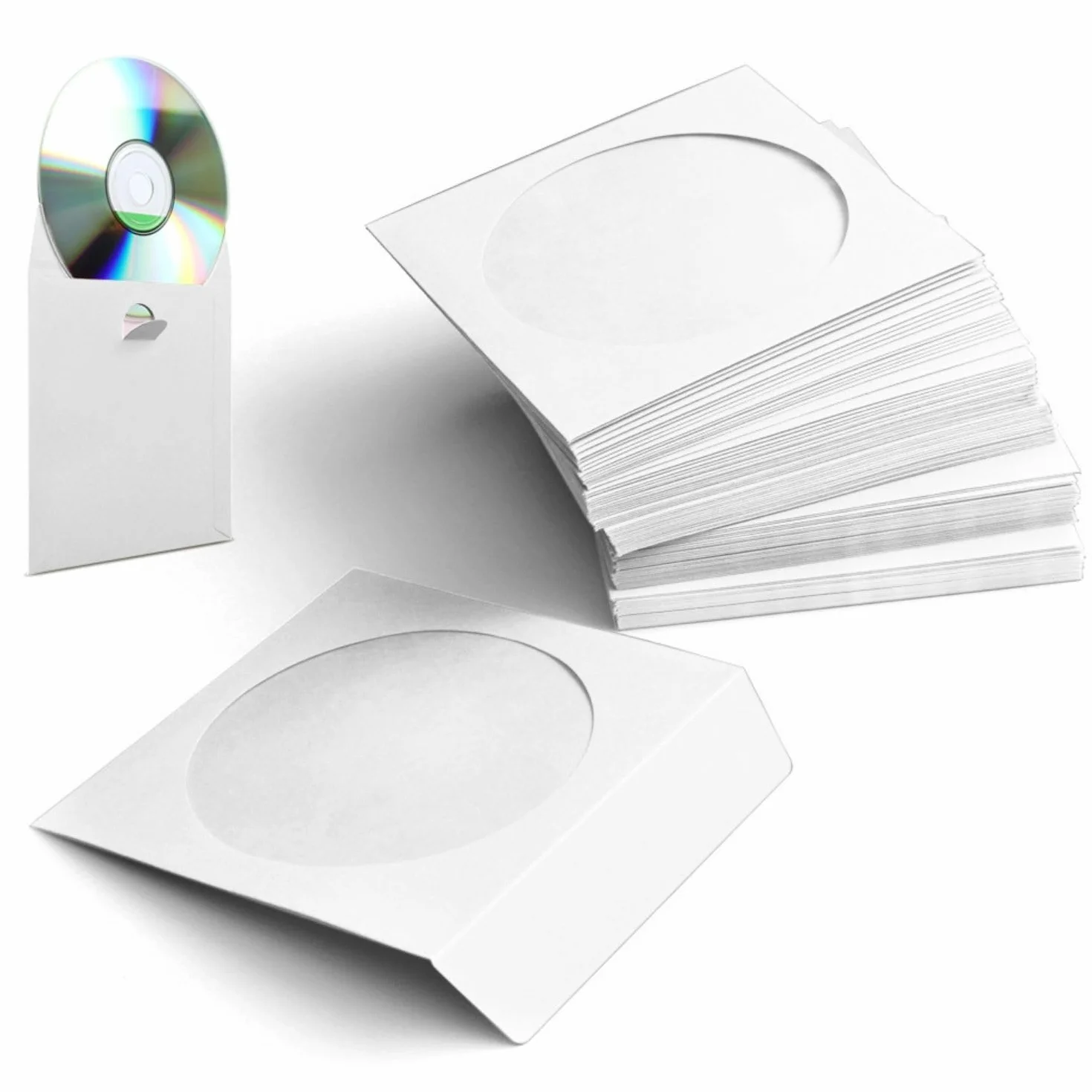 Flexzion Confezione da 100 Copertine di Carta Spessa per CD DVD (bianche) Bustine Plastica Custodie Standard a Busta Conservazione Premium con Finestra e Aletta per Dischi di Musica Film Videogiochi