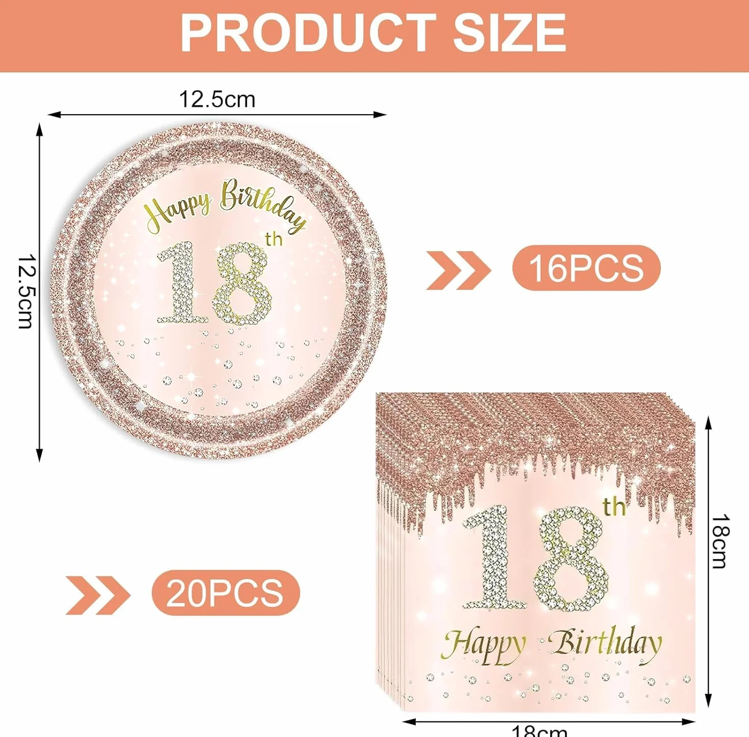 Decorazione 18° Compleanno, 16 Piatti di Carta 18 cm e 20 Tovaglioli 16,5 cm Rosa
