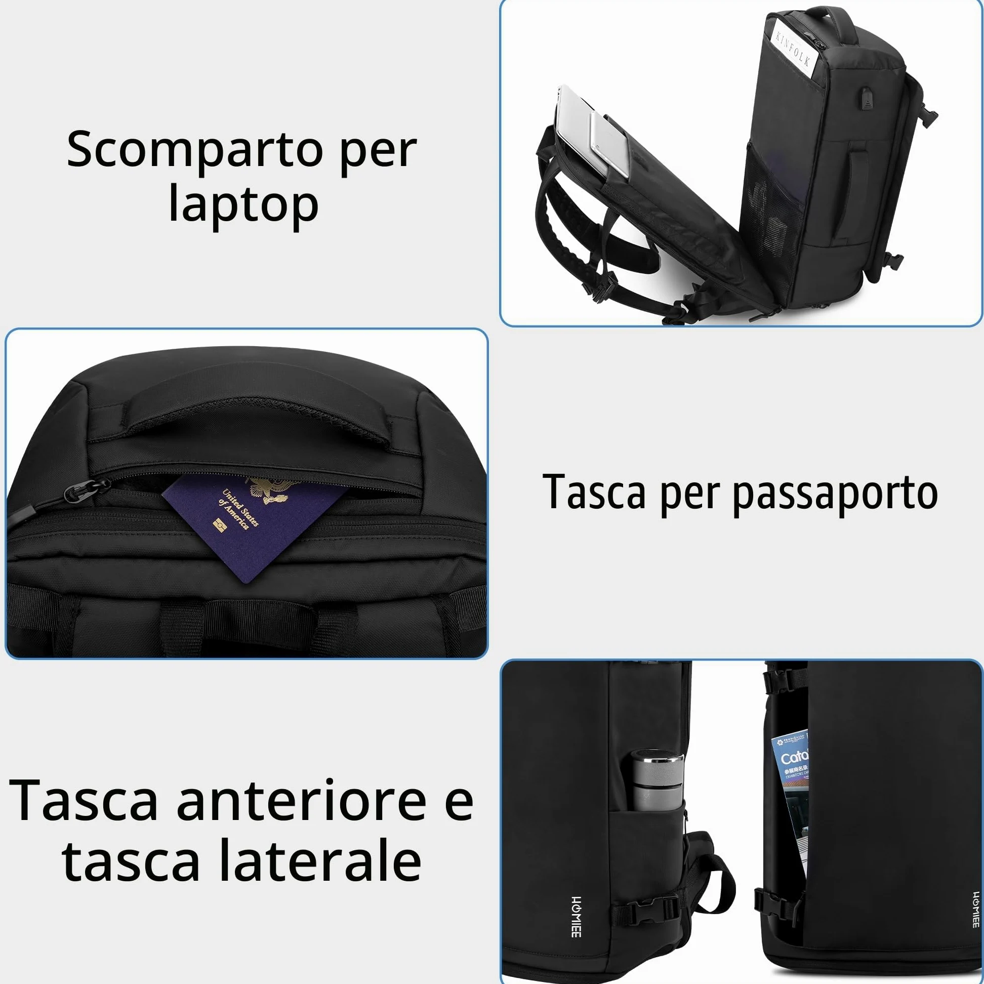 HOMIEE Zaino da Viaggio 40L Grande Zaino Bagaglio a Mano con Scomparto per Scarpe Resistente All'acqua Zaini Porta PC 17,3 Pollici con Porta USB Zaini Aereo Omologato per il Volo