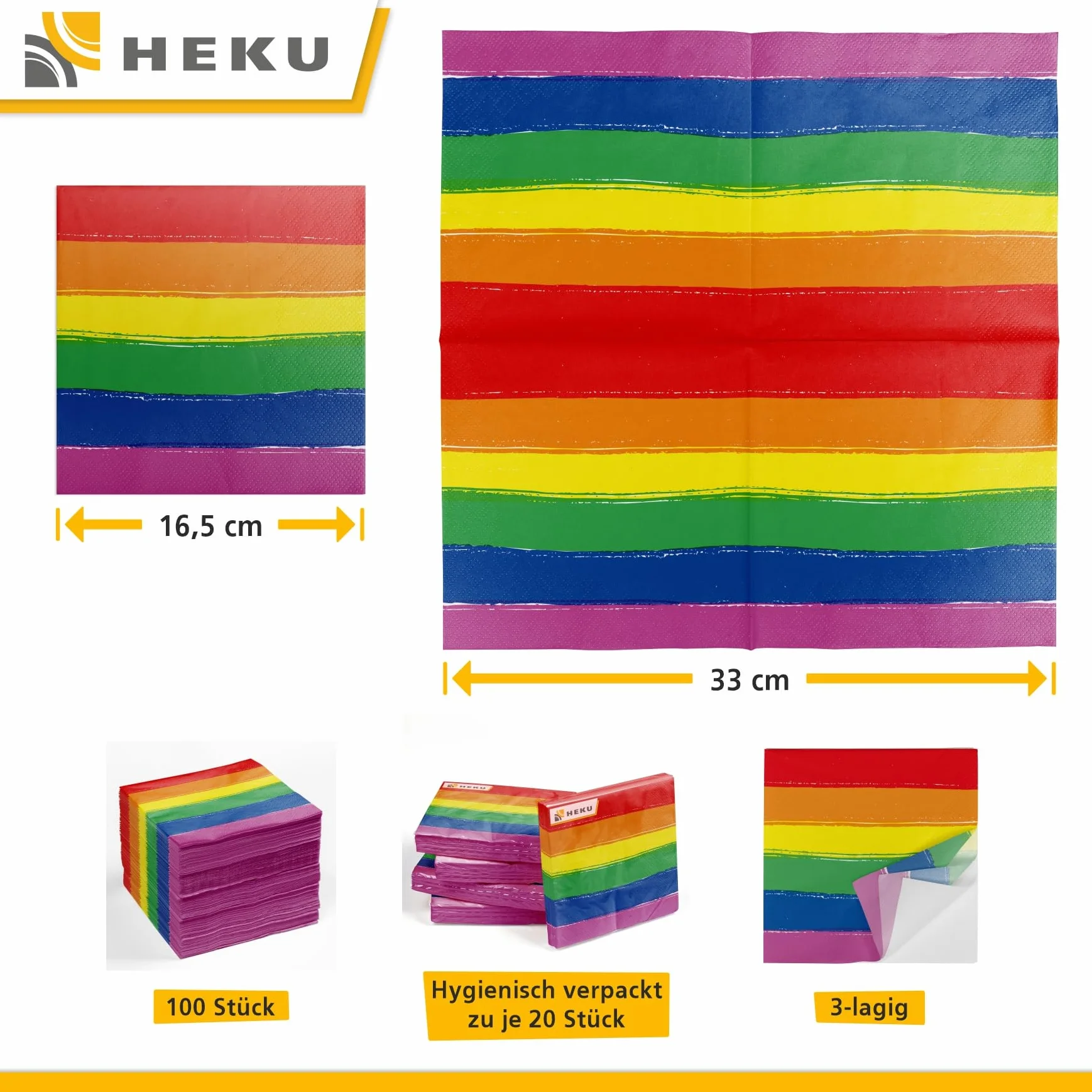 HEKU Tovaglioli a 3 veli 33 x 33 cm Arcobaleno Confezione Assorbente
