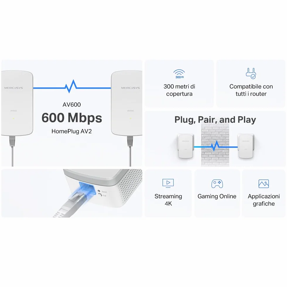 MERCUSYS MP300 KIT Powerline Kit Homeplug AV2 Fino a 600Mbps, Fino a 300 Metri, Porta LAN, Plug and Play, Compatibile con Tutti i Router, Risparmia all'85% sull'Energia