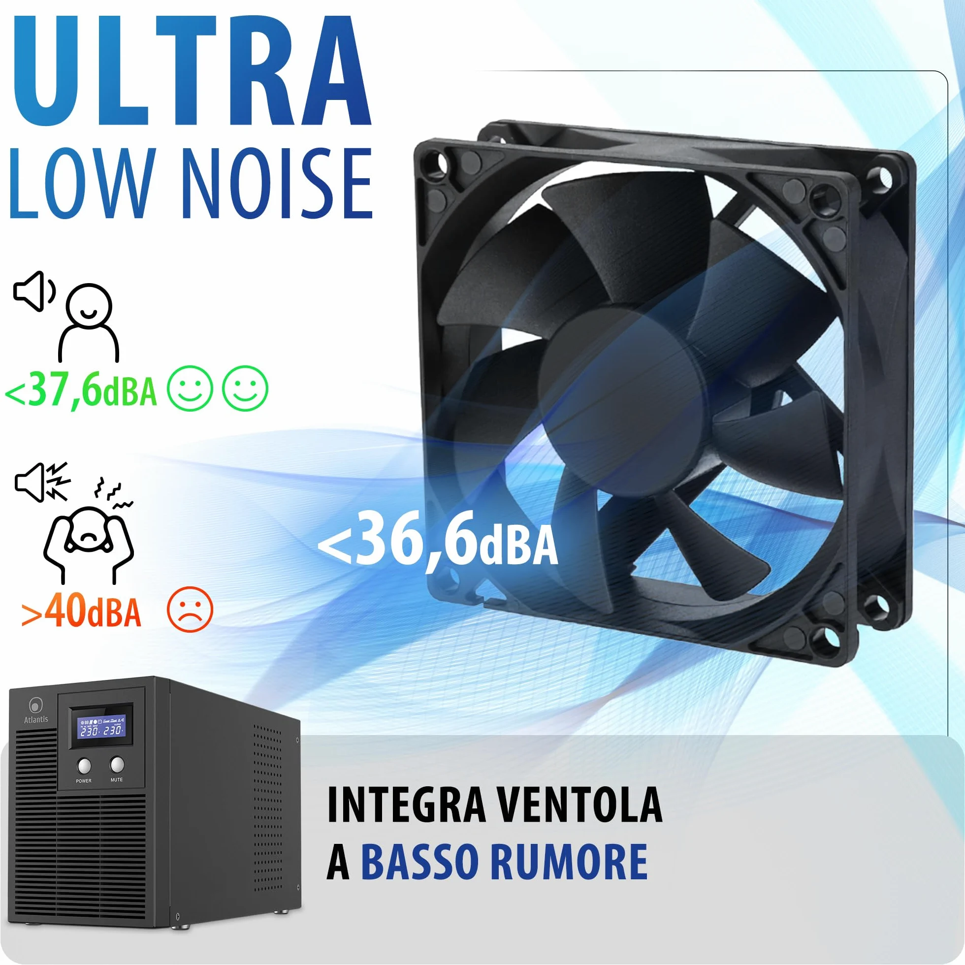 Atlantis Gruppo di Continuità Low Noise 3000VA/2100W, onda sinusoidale pura | UPS Line Interactive, 36,6 dB(A), LCD, USB-HID, 3 IEC + 2 Schuko, RS232, Slot SNMP, 4 batterie 12V 7Ah, cod. A03-HP4003PXLN