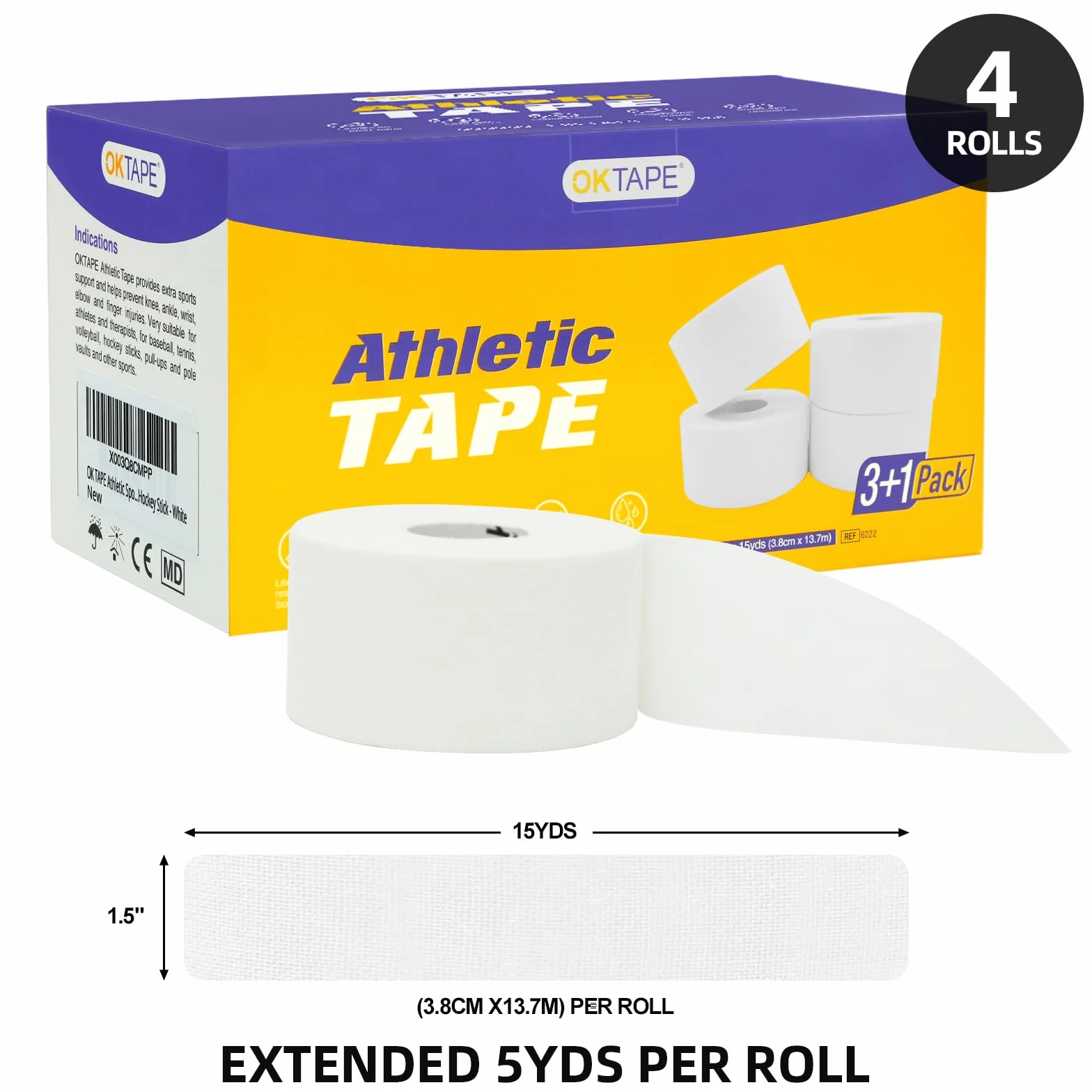OK TAPE Nastro sportivo bianco 3.8 cm x 13.7 m set di 4 rotoli nastro autoadesivo extra forte